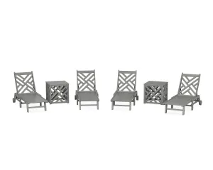 Chippendale 6-Piece Chaise Set with Wheels and Umbrella Stand Accent Tableoutdoor patio dining furniture set