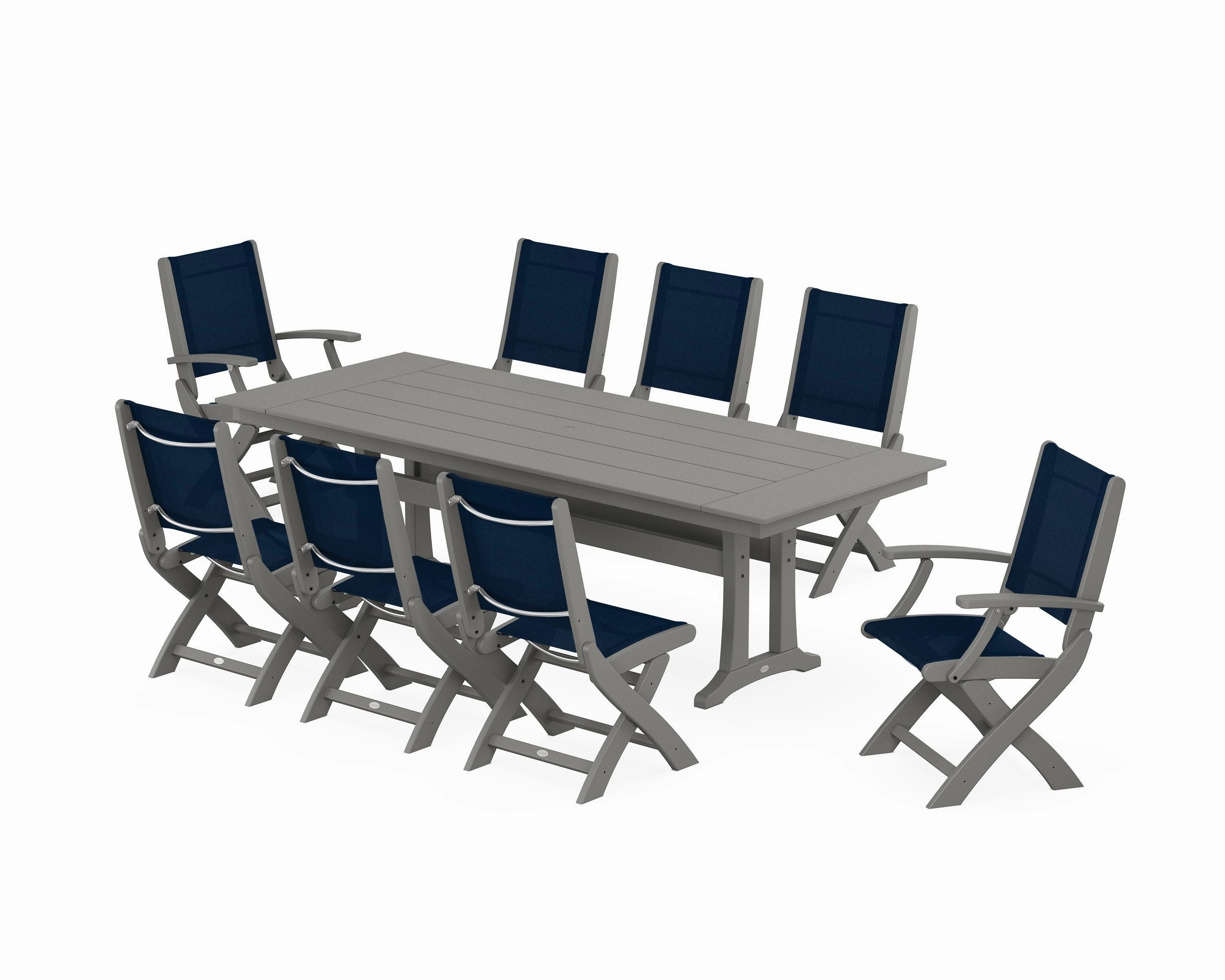 Coastal 9-Piece Folding Dining Chair Farmhouse Dining Set with Trestle Legs