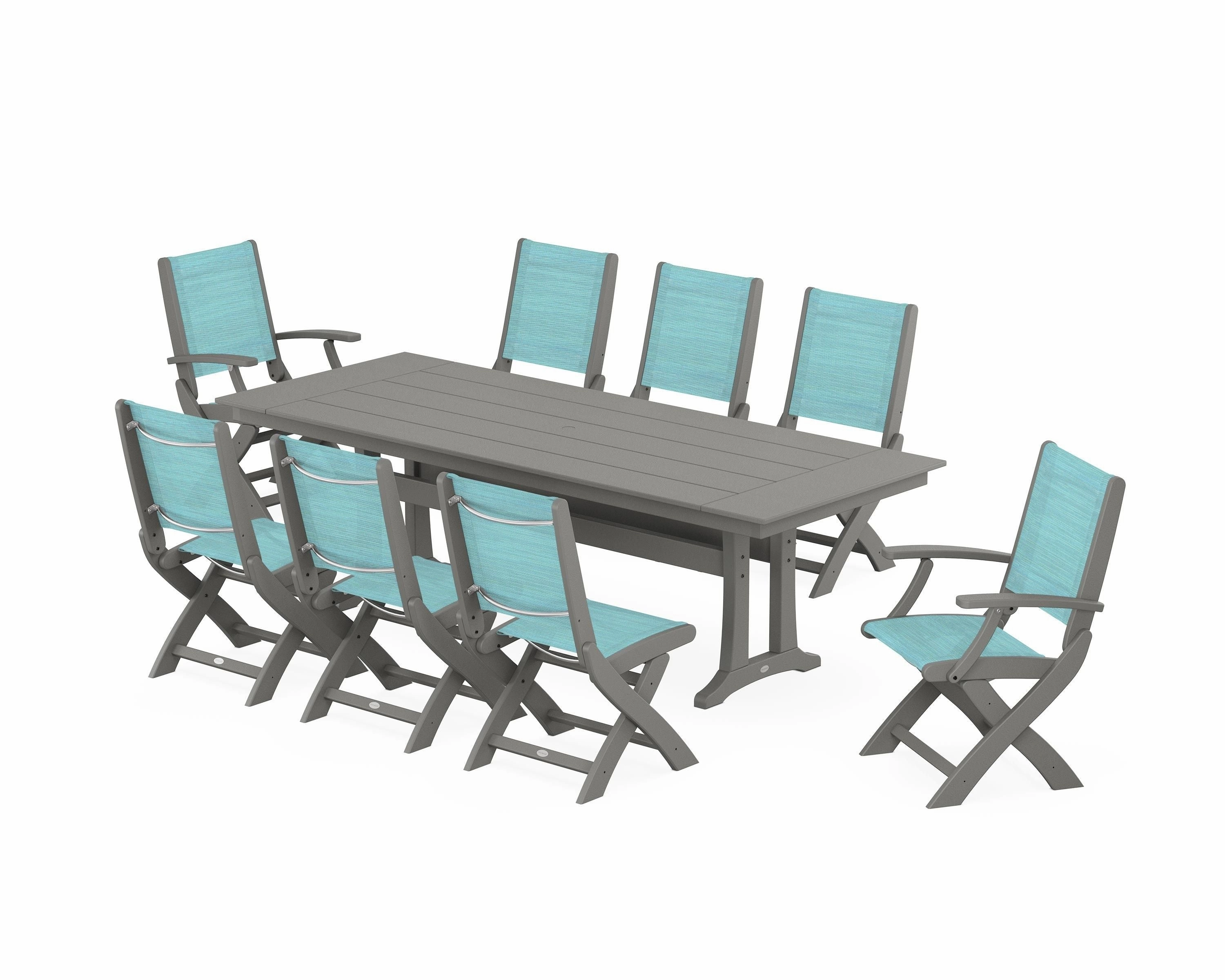 Coastal 9-Piece Folding Dining Chair Farmhouse Dining Set with Trestle Legs