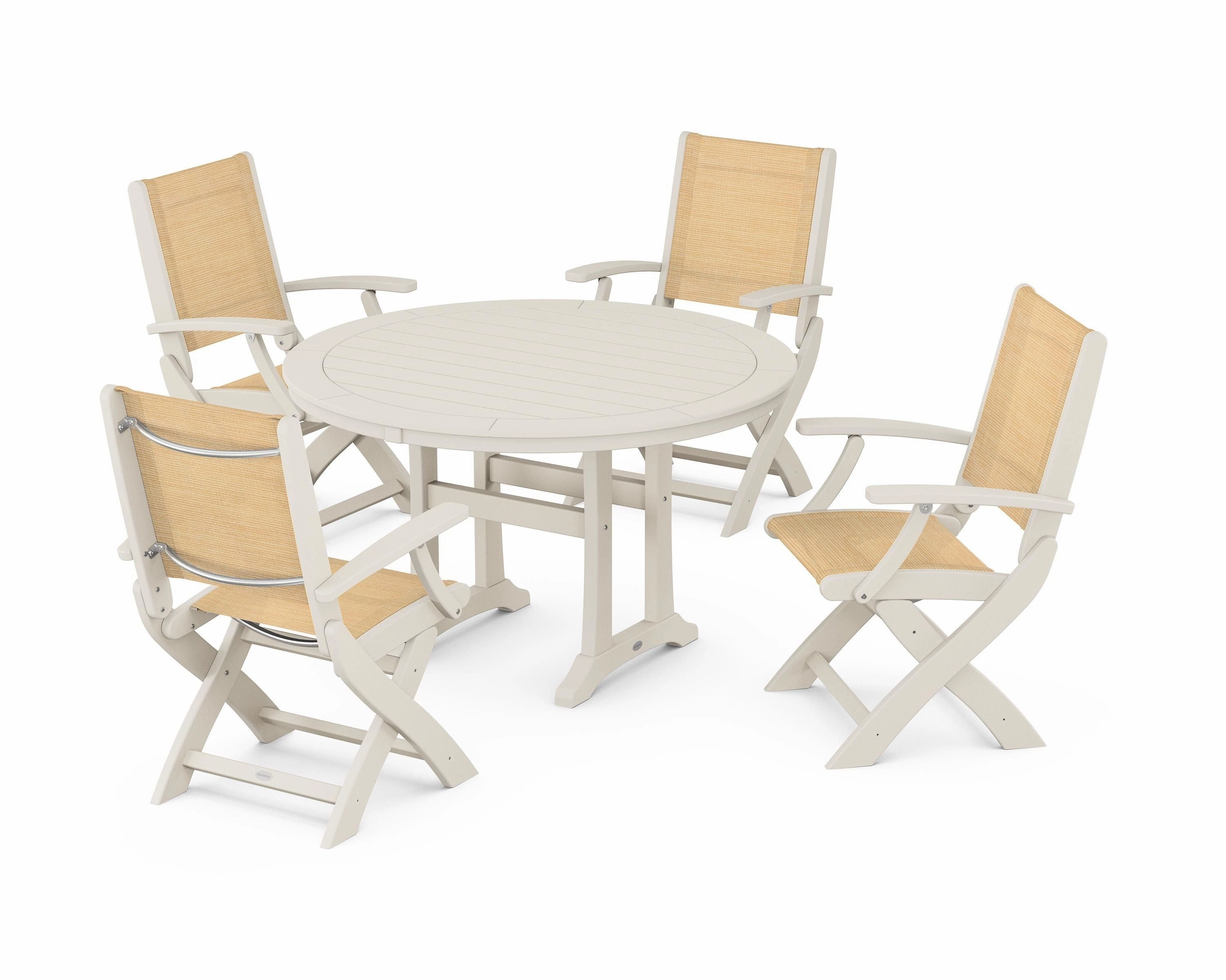 Coastal Folding Chair 5-Piece Round Dining Set with Trestle Legs