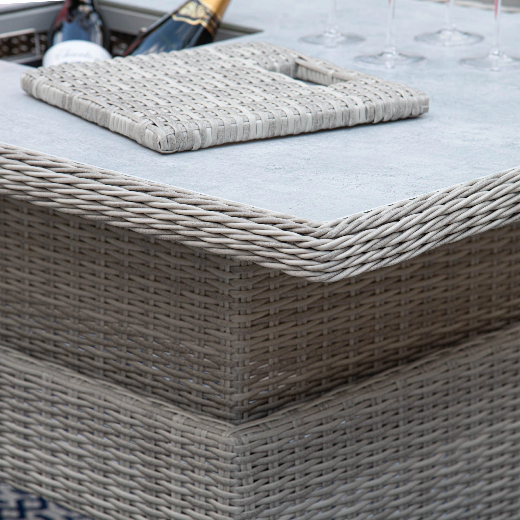 Coral Bay - Corner Garden Dining Set With Rising Table In Light Grey Rattan & Ceramic Top