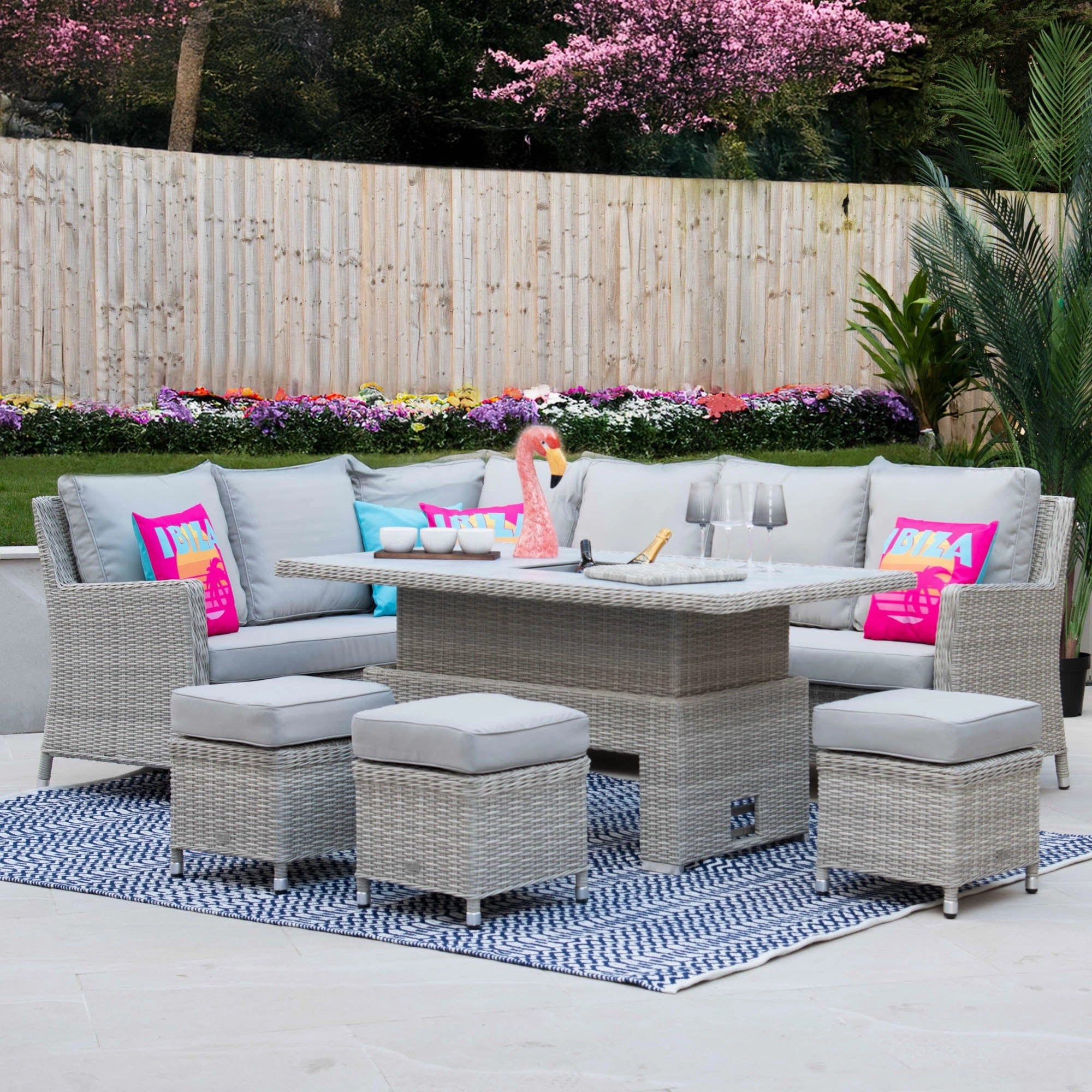 Coral Bay - Corner Garden Dining Set With Rising Table In Light Grey Rattan & Ceramic Top