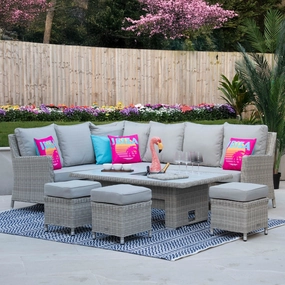 Coral Bay - Corner Garden Dining Set With Rising Table In Light Grey Rattan & Ceramic TopPE rattan outdoor lounge chair set