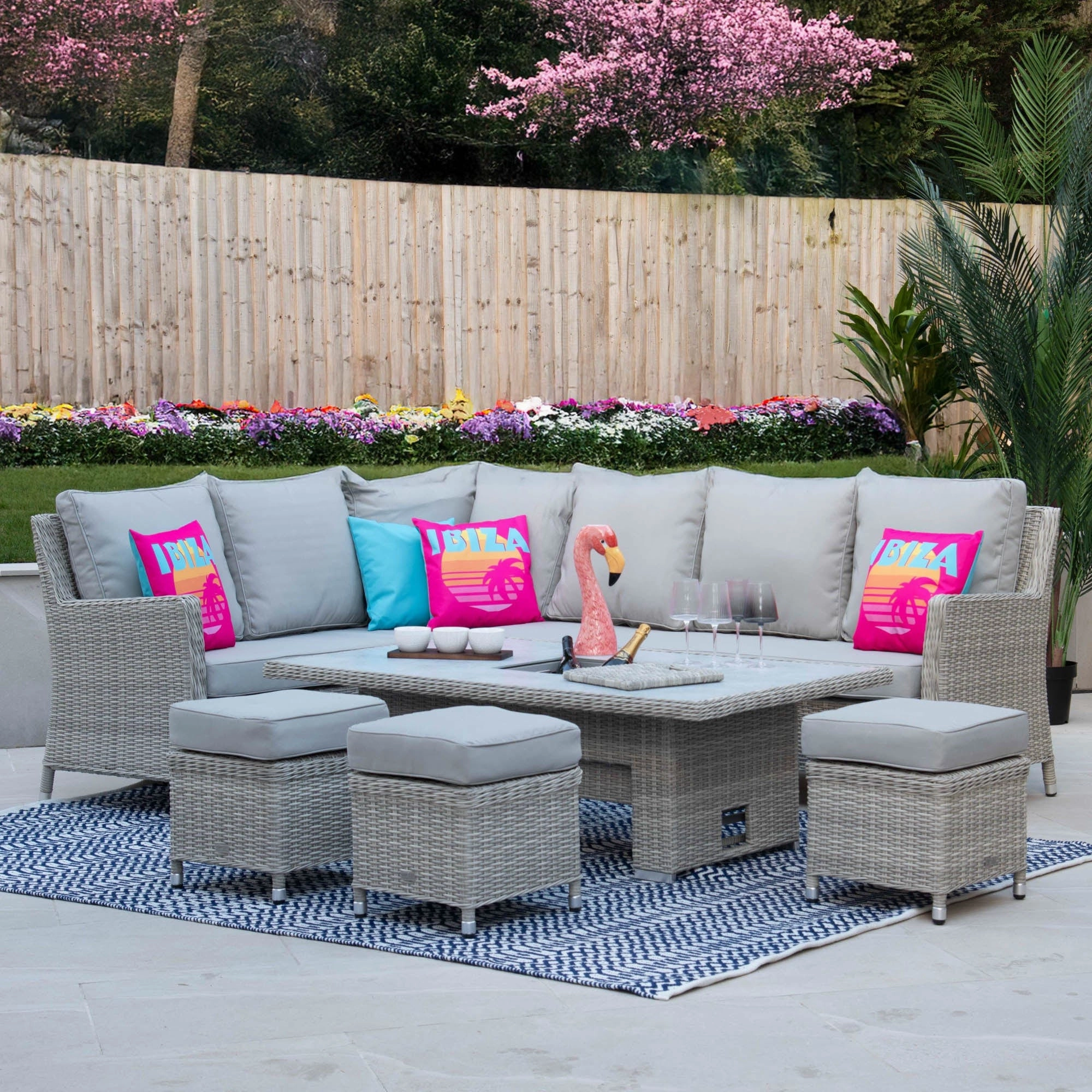 Coral Bay - Corner Garden Dining Set With Rising Table In Light Grey Rattan & Ceramic TopPE rattan outdoor lounge chair set