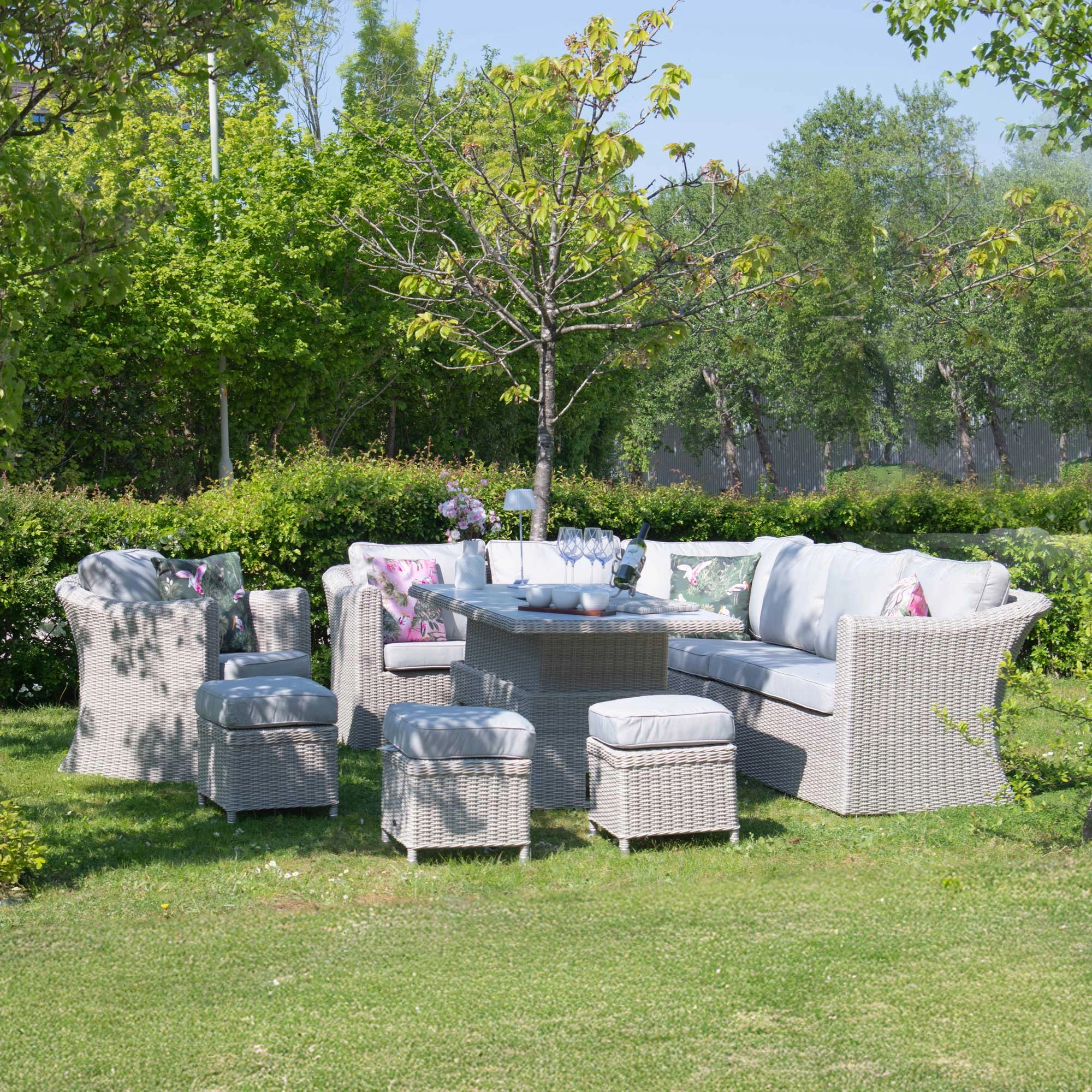 Coral Bay - Deluxe Corner Dining Set With Rising Table In Light Grey Rattan & Ceramic Top