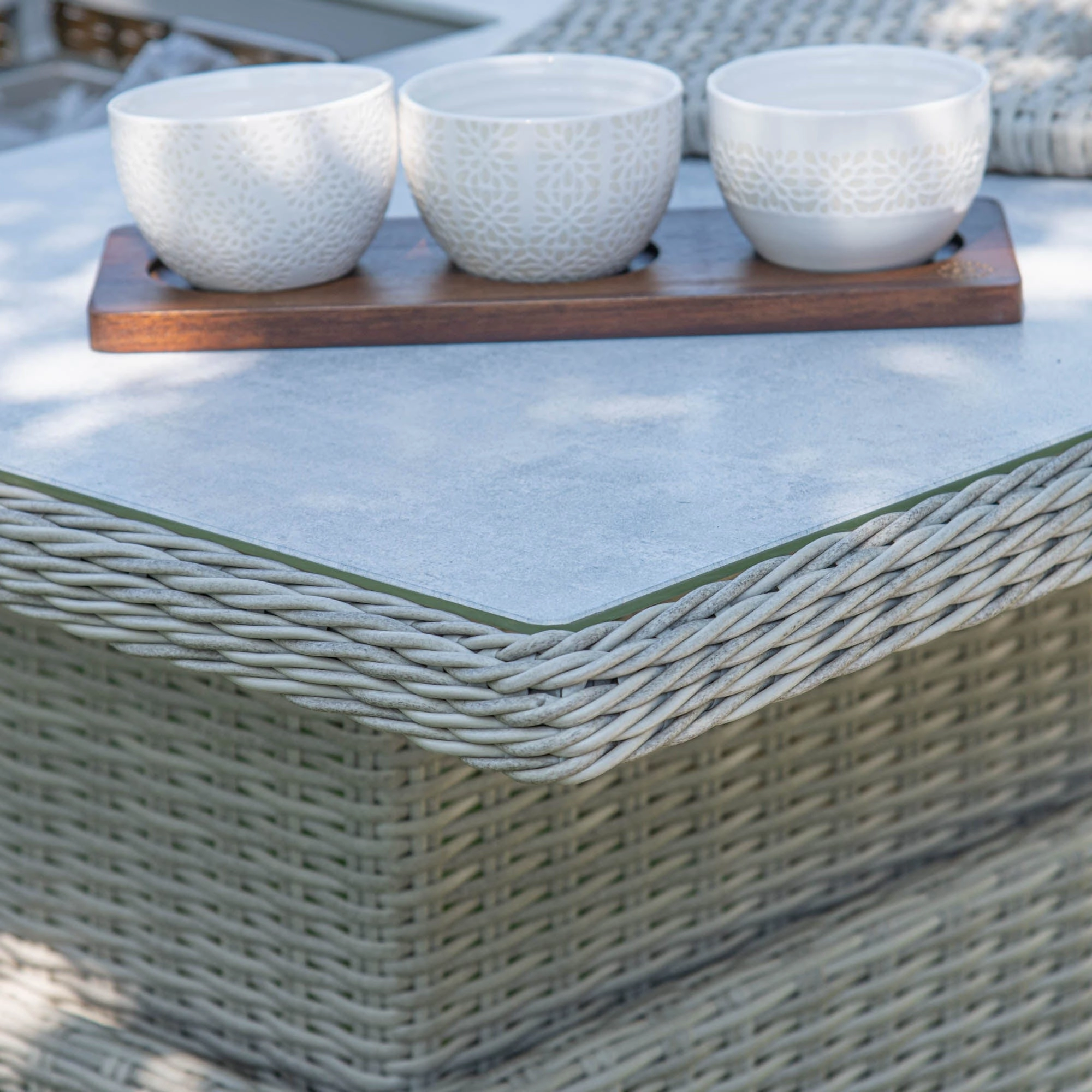 Coral Bay - Deluxe Corner Dining Set With Rising Table In Light Grey Rattan & Ceramic Top
