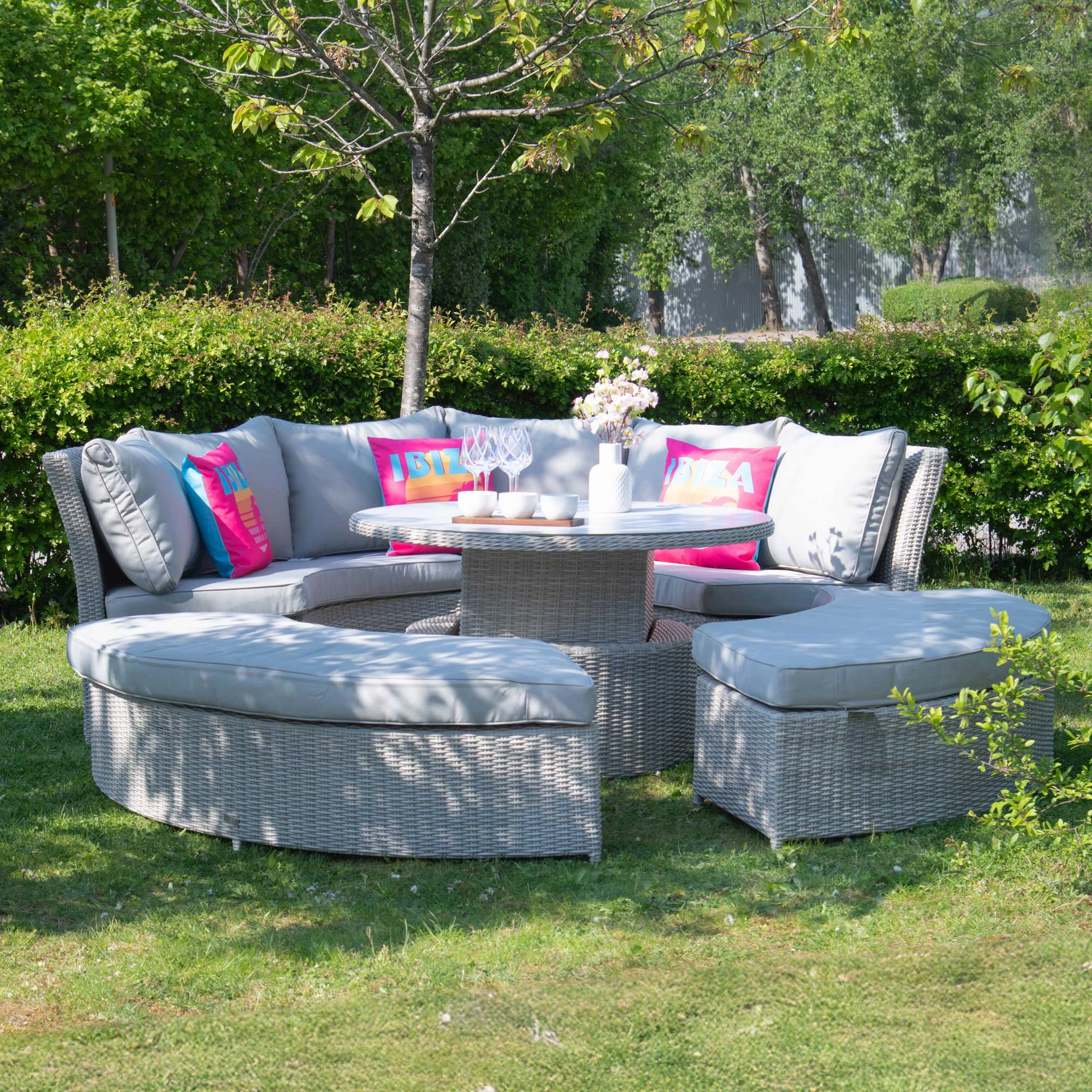 Coral Bay - Lifestyle Suite With Sofa, 2 Benches And Rising Table In Light Grey Rattan & Ceramic Top