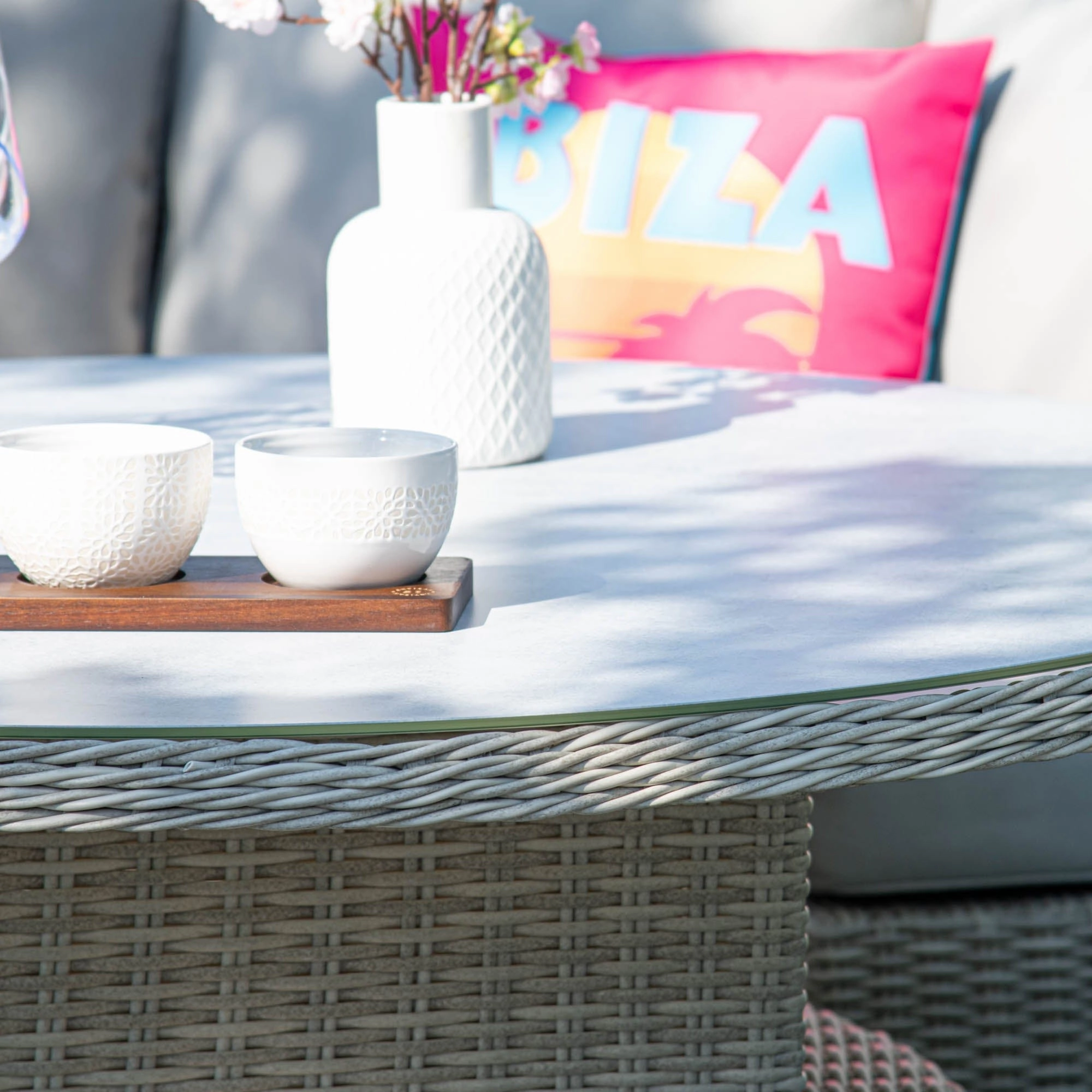 Coral Bay - Lifestyle Suite With Sofa, 2 Benches And Rising Table In Light Grey Rattan & Ceramic Top