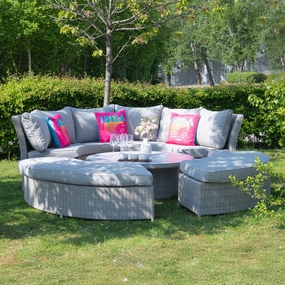 Coral Bay - Lifestyle Suite With Sofa, 2 Benches And Rising Table In Light Grey Rattan & Ceramic TopPE rattan outdoor lounge chair set