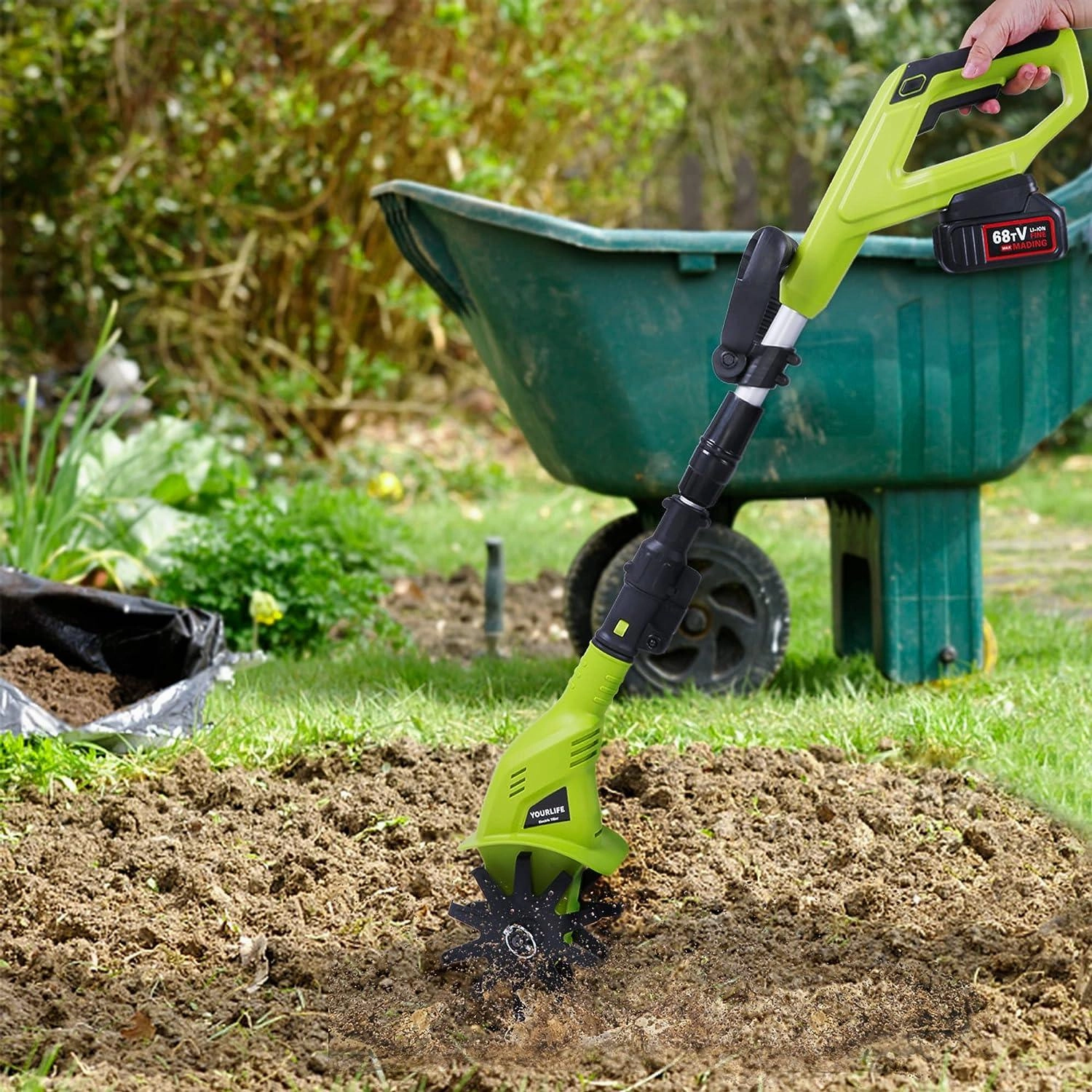 Cordless Electric Garden Tiller/Cultivator Adjustable with 20V 2.0 Ah Lithium Battery and Charger