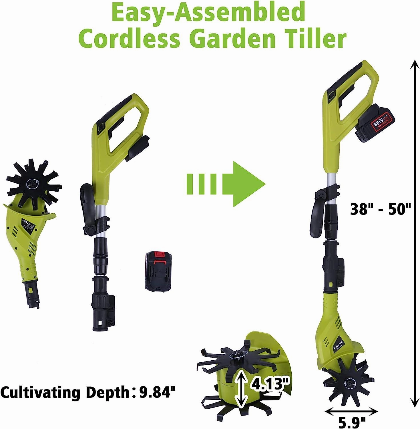 Cordless Electric Garden Tiller/Cultivator Adjustable with 20V 2.0 Ah Lithium Battery and Charger