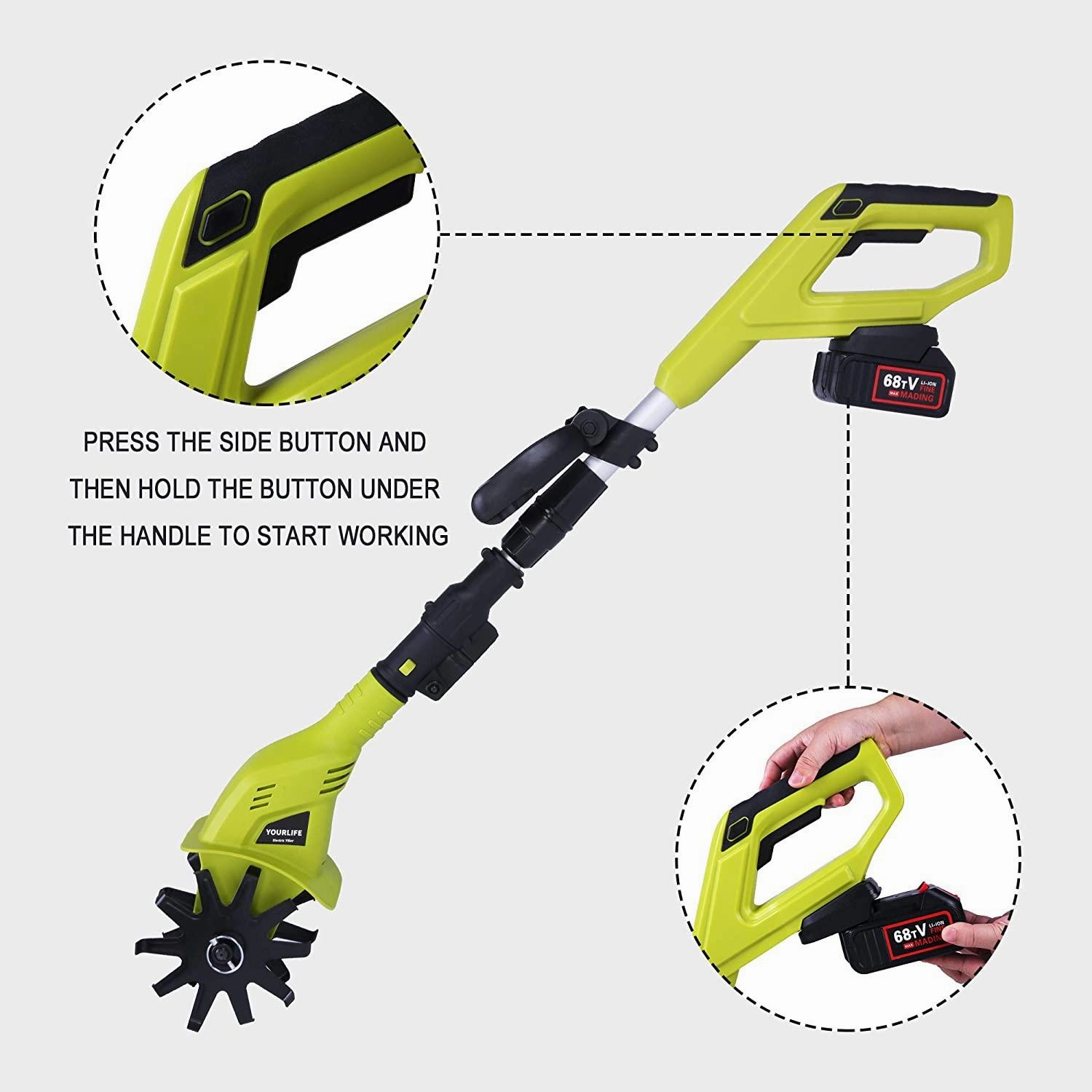 Cordless Electric Garden Tiller/Cultivator Adjustable with 20V 2.0 Ah Lithium Battery and Charger