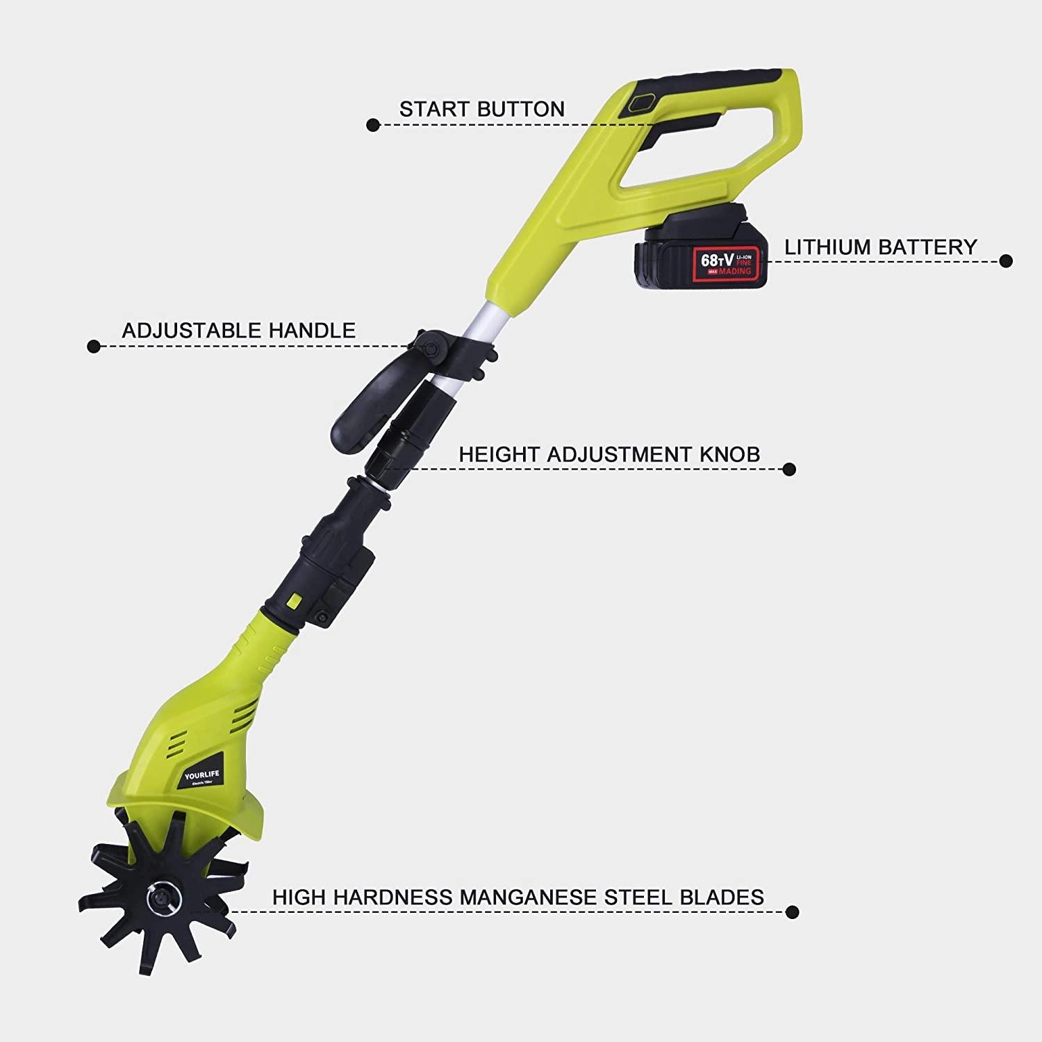 Cordless Electric Garden Tiller/Cultivator Adjustable with 20V 2.0 Ah Lithium Battery and Charger