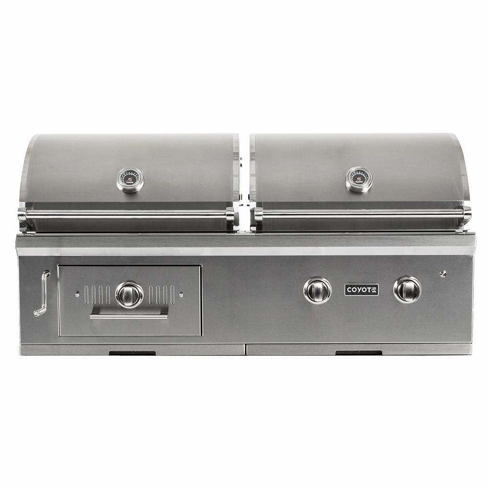 Coyote 50-inch Built-In Hybrid LP Gas and Charcoal Grill C1HY50LP stainless steel BBQ grill with side table