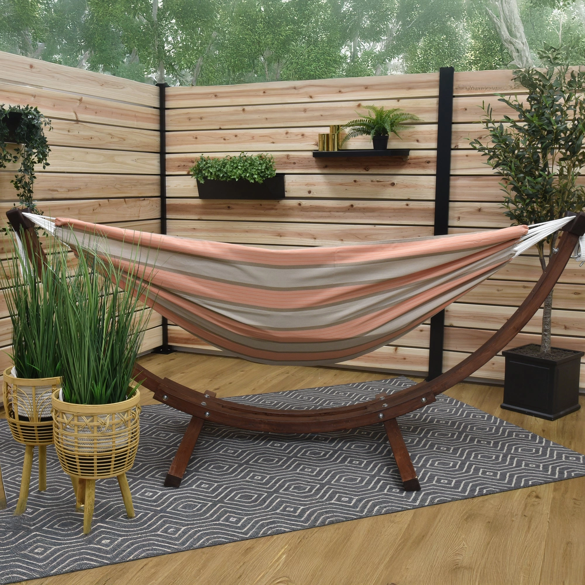 Double Sunbrella Hammock with Solid Pine Stand (8ft/260cm) - Cameo