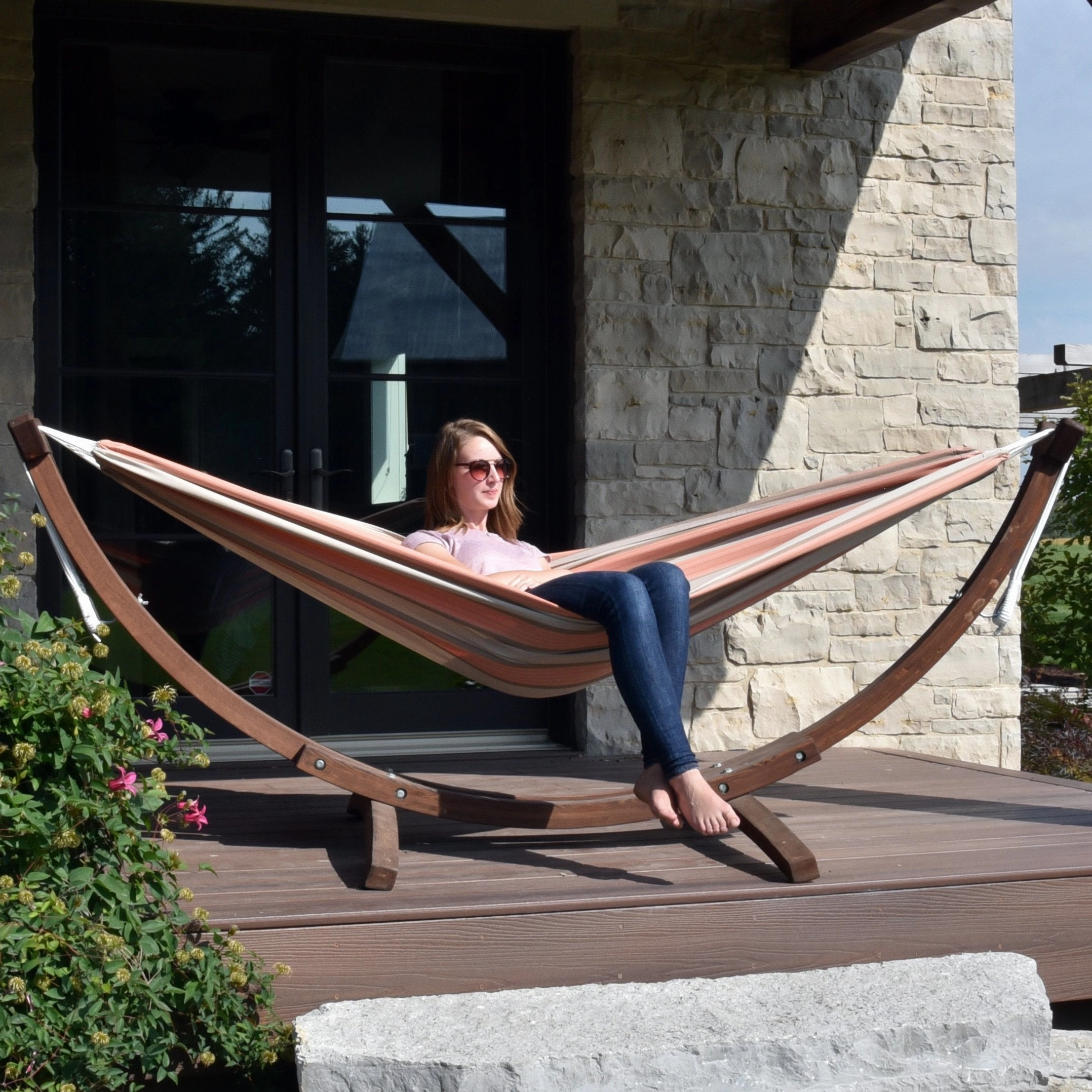Double Sunbrella Hammock with Solid Pine Stand (8ft/260cm) - Cameo