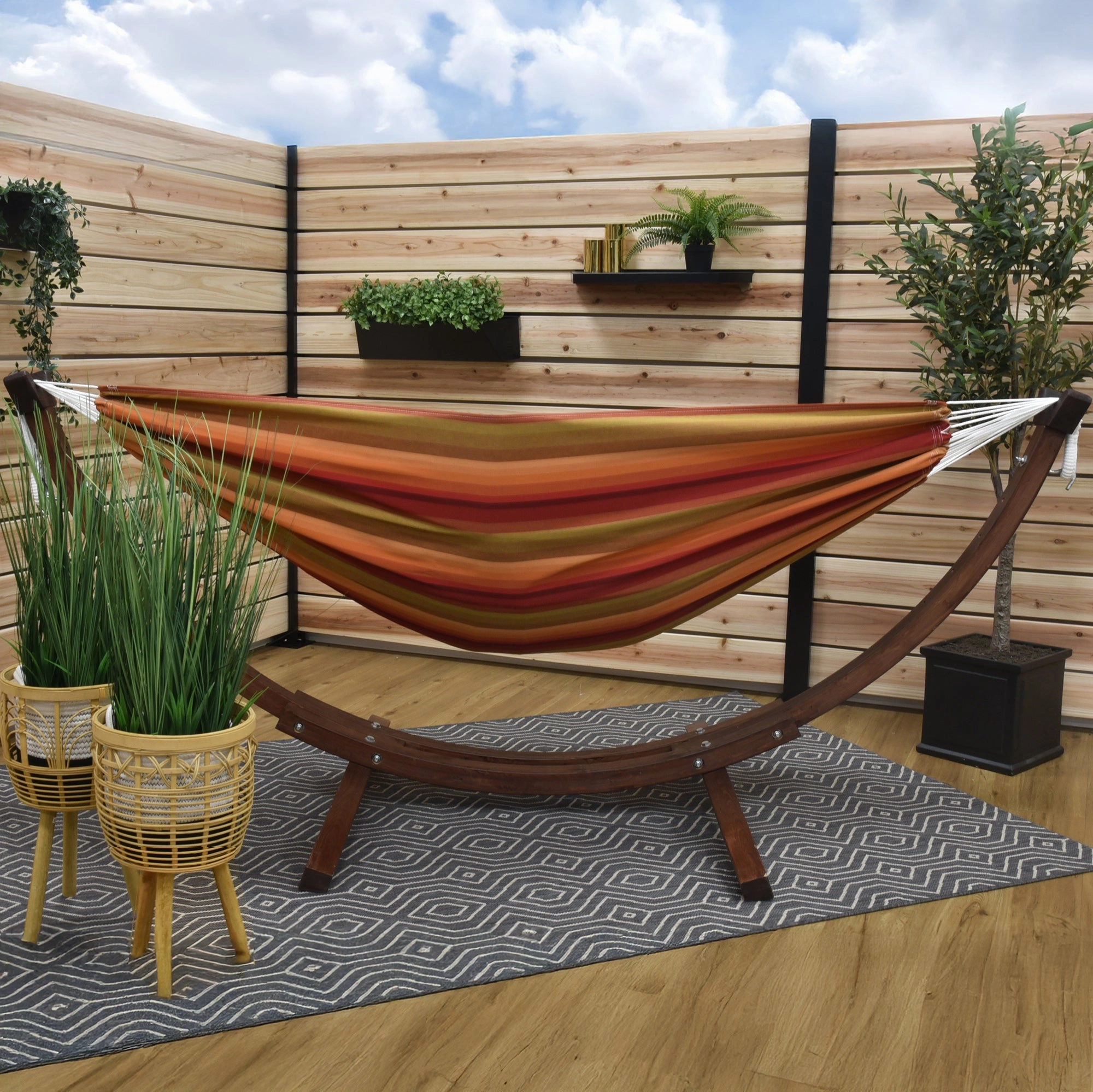Double Sunbrella Hammock with Solid Pine Stand (8ft/260cm) - Sunset