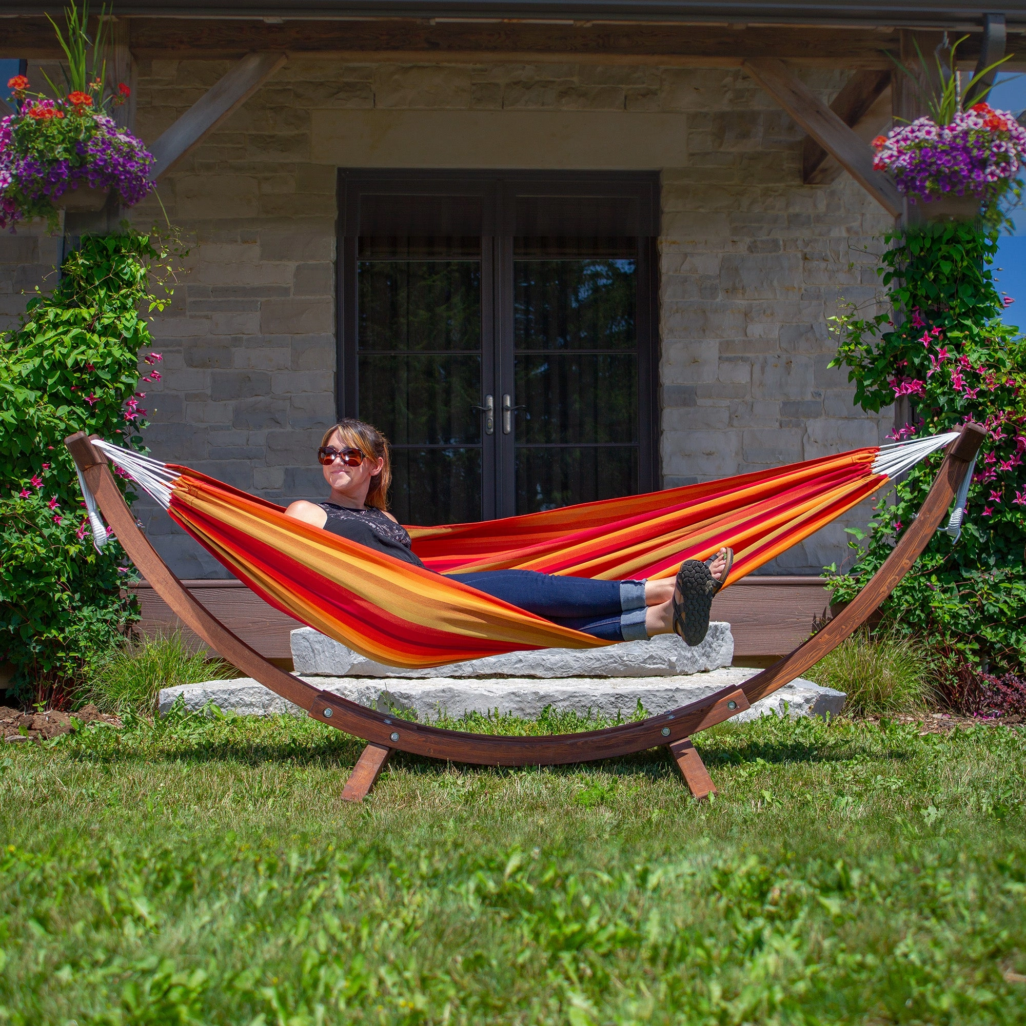 Double Sunbrella Hammock with Solid Pine Stand (8ft/260cm) - Sunset