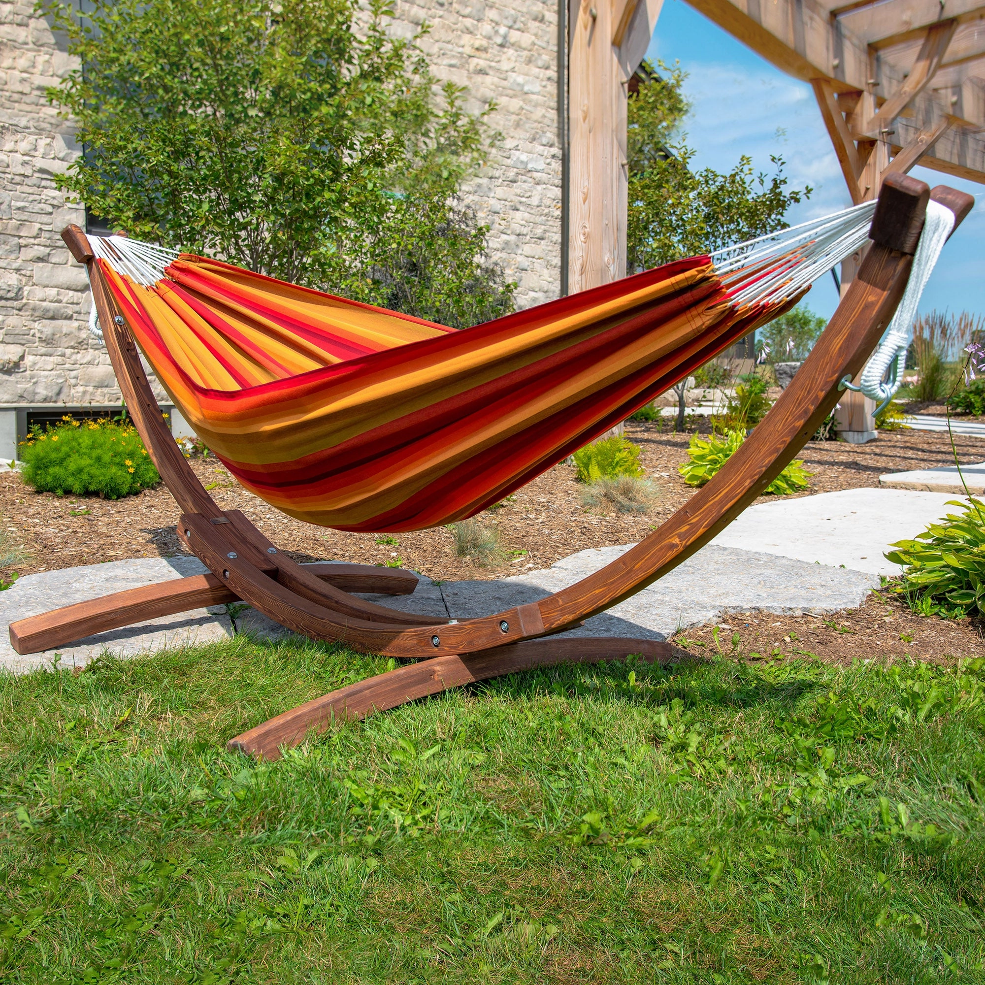 Double Sunbrella Hammock with Solid Pine Stand (8ft/260cm) - Sunset