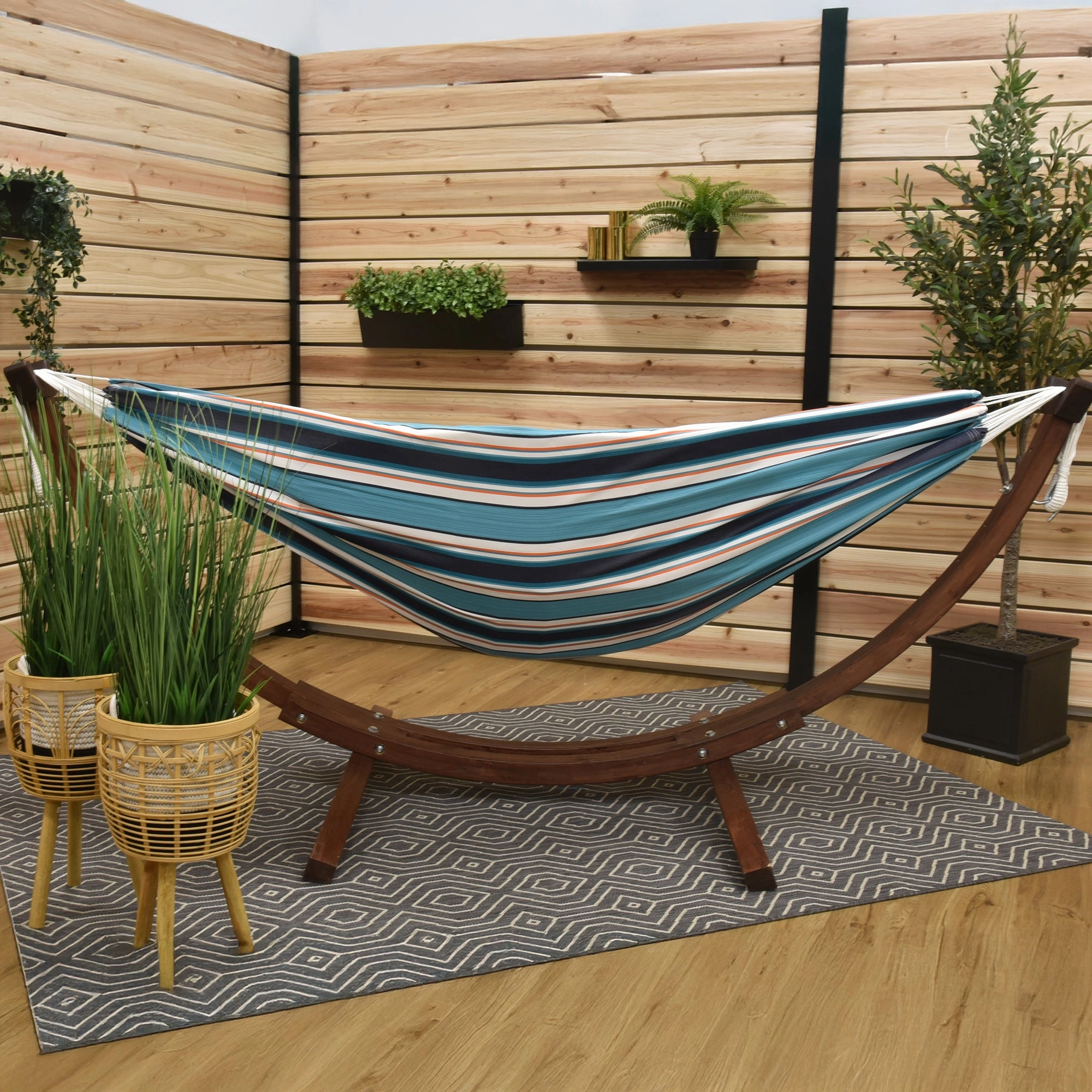 Double Sunbrella Hammock with Solid Pine Stand (8ft/260cm) - Token Surfside