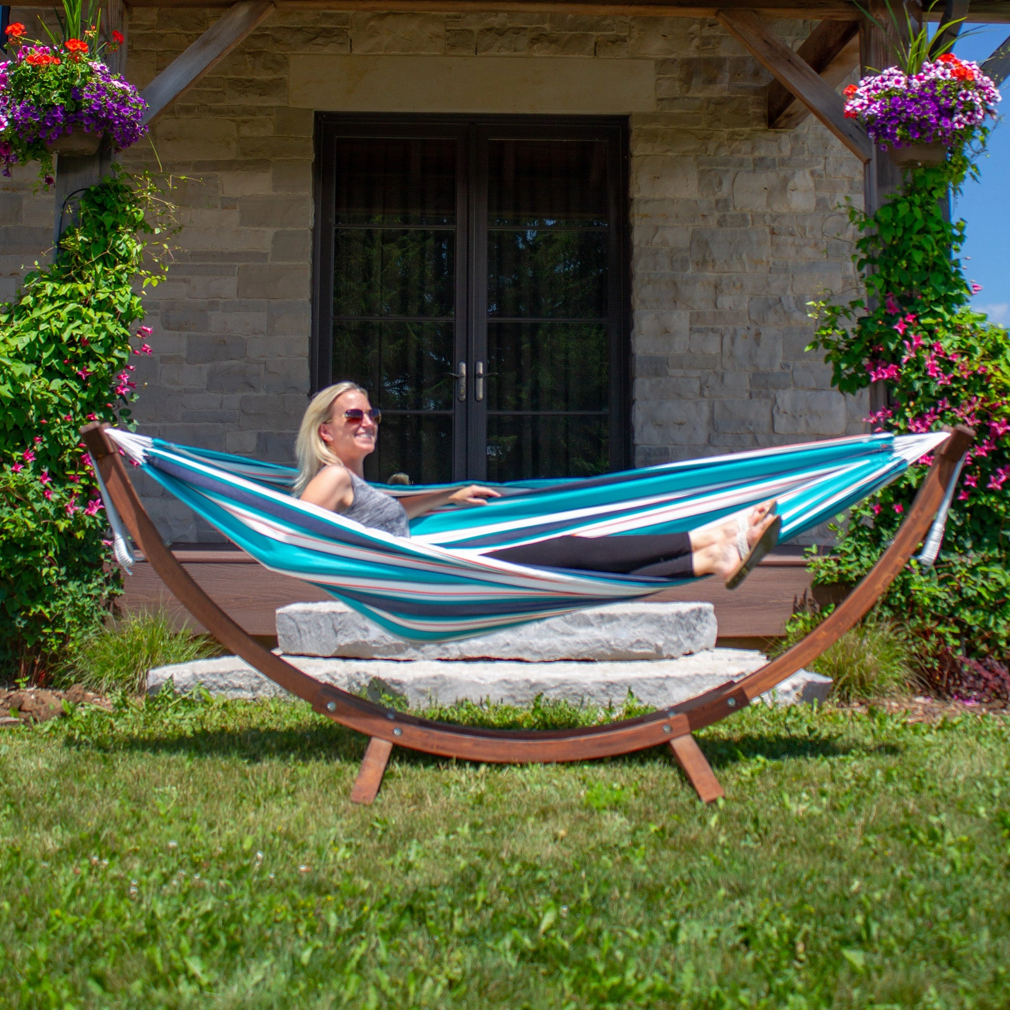 Double Sunbrella Hammock with Solid Pine Stand (8ft/260cm) - Token Surfside