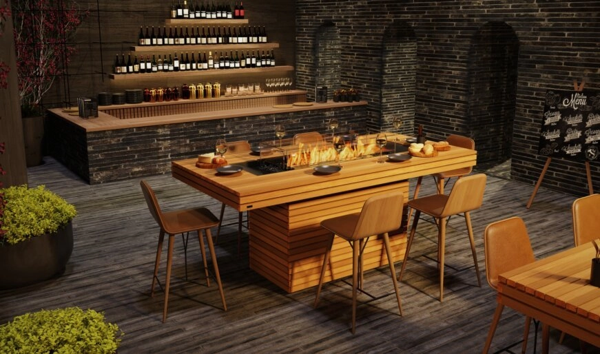 Ecosmart Fire Gin 90 (Bar) Fire Pit Table - Teak Finish / Black Burner - ESF.O.GIN.90.B.TN.B