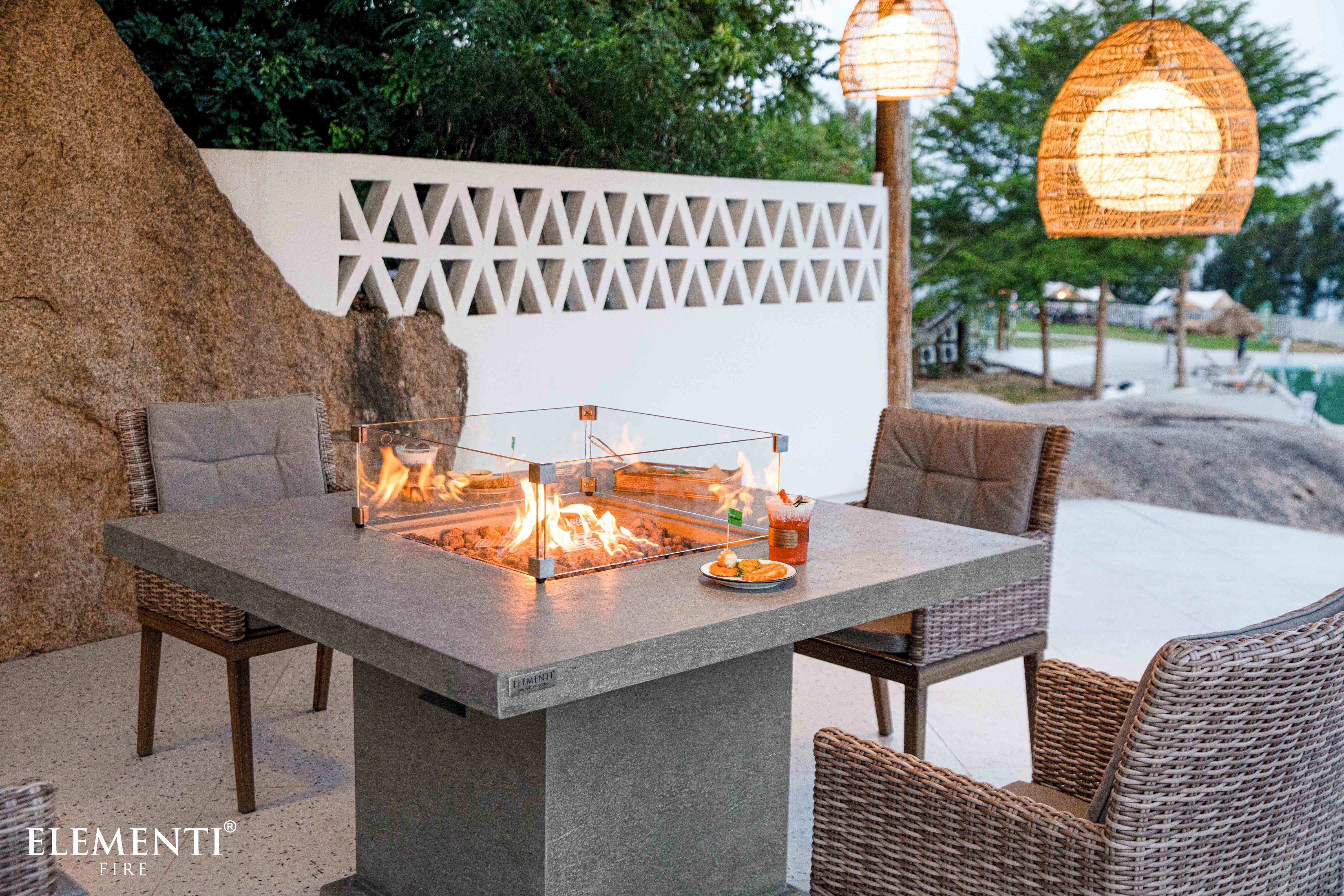 Elementi - Birmingham Dining Square Concrete Fire Pit Table, Hidden Propane Storage - OFG202