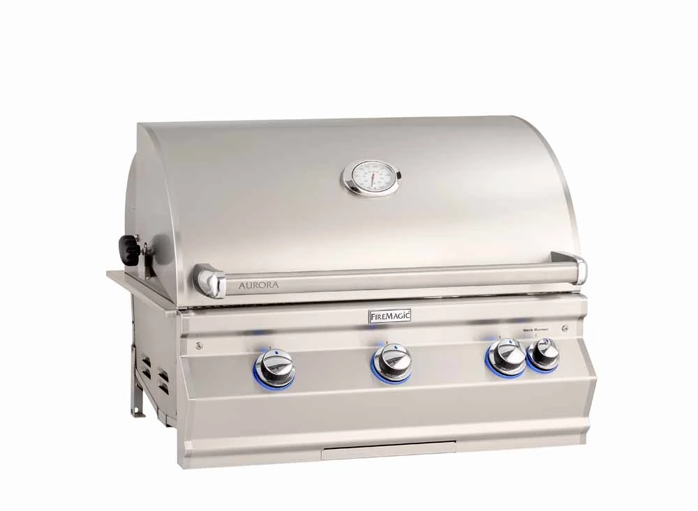Fire Magic Aurora 30" Built-In Gas Grill with Analog Thermometer A660i stainless steel BBQ grill with side table