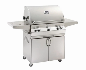 Fire Magic Aurora 30" Portable Gas Grill with Analog Thermometer & Flush Mounted Single Side Burner A660s stainless steel BBQ grill with side table