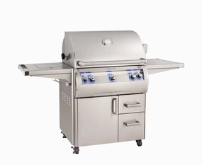 Fire Magic Echelon Diamond 30" Portable Grill with Analog Thermometer & Flush Mounted Single Side Burner E660s stainless steel BBQ grill with side table