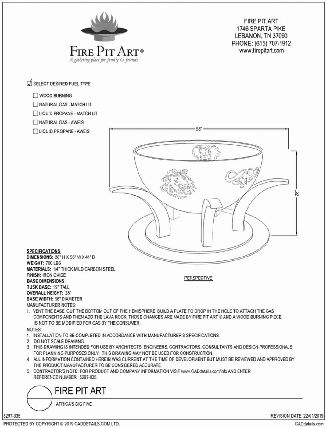 Fire Pit Art Africa's Big Five 41-inch Match Lit Fire Pit Africa-PENTA 24-200K BTU