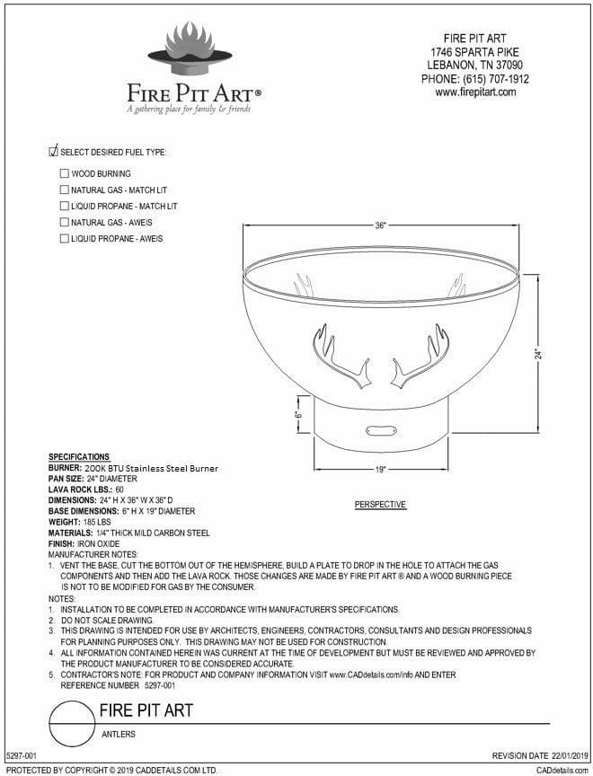 Fire Pit Art Antlers 36-inch Match Lit Fire Pit Antlers-PENTA24-200BTU