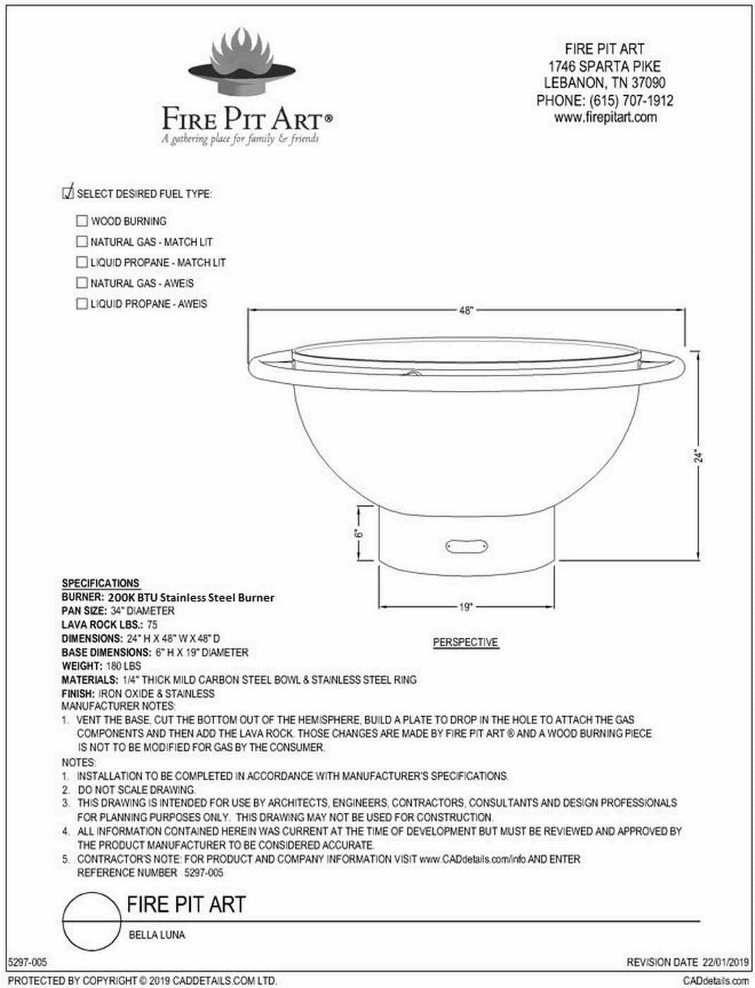 Fire Pit Art Bella Luna 48-inch Match Lit Fire Pit - Bella Luna - PENTA24-200K BTU