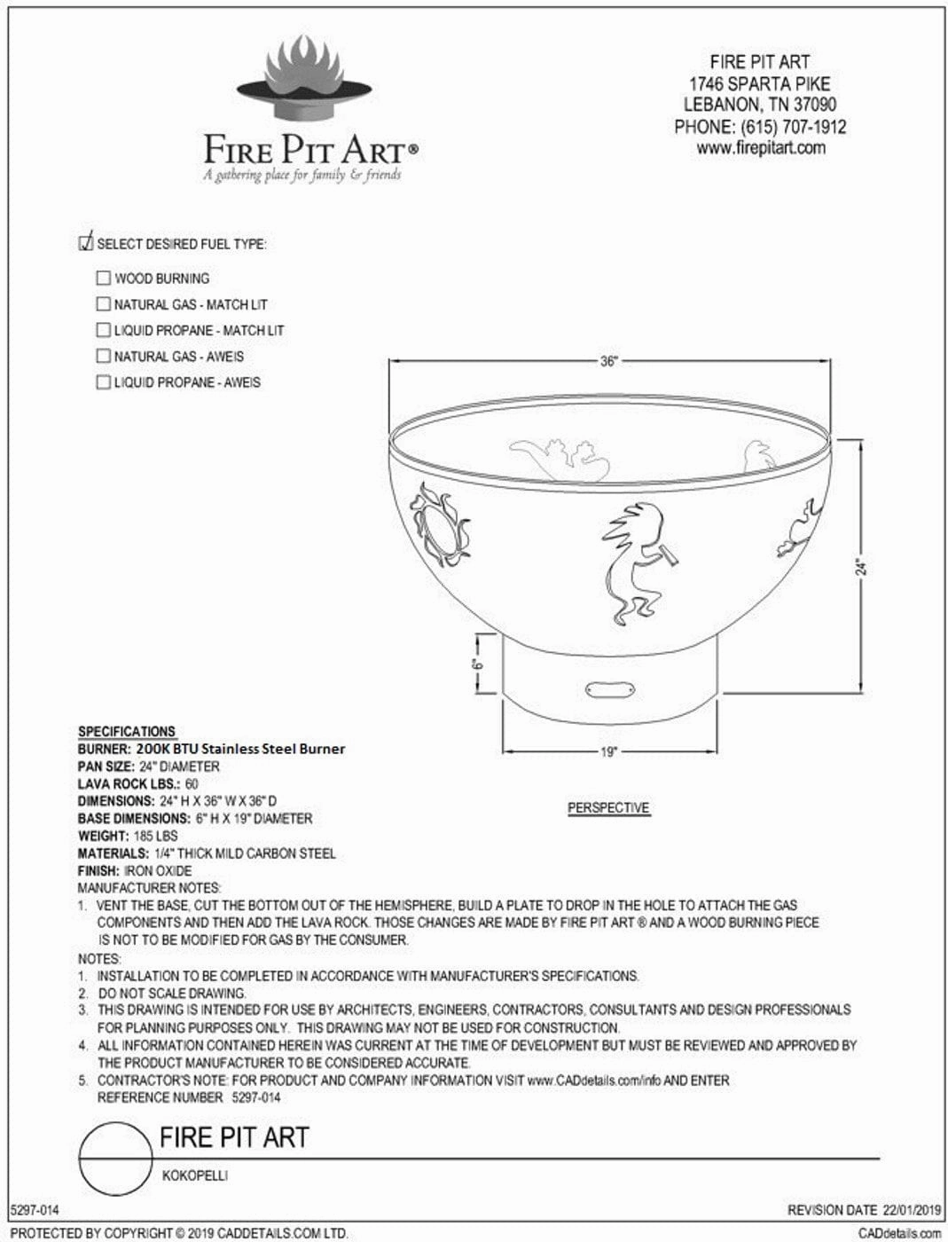 Fire Pit Art Kokopelli 36-inch Match Lit Fire Pit - Kokopelli-PENTA24-200K BTU
