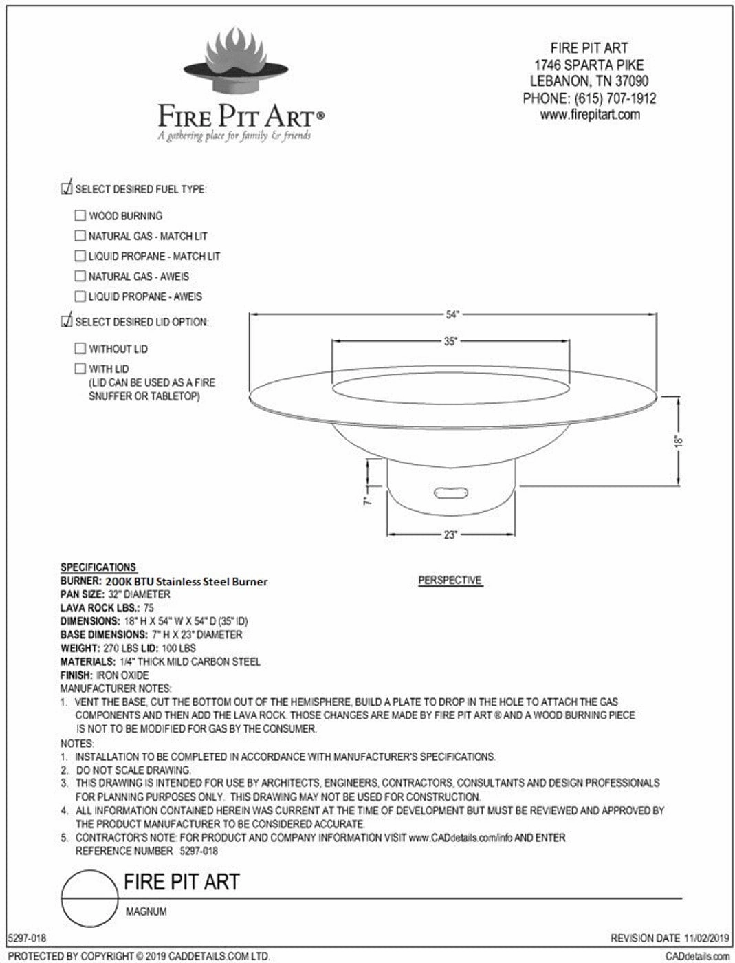 Fire Pit Art Magnum w/lid 54-inch Gas Fire Pit - MAG/LID