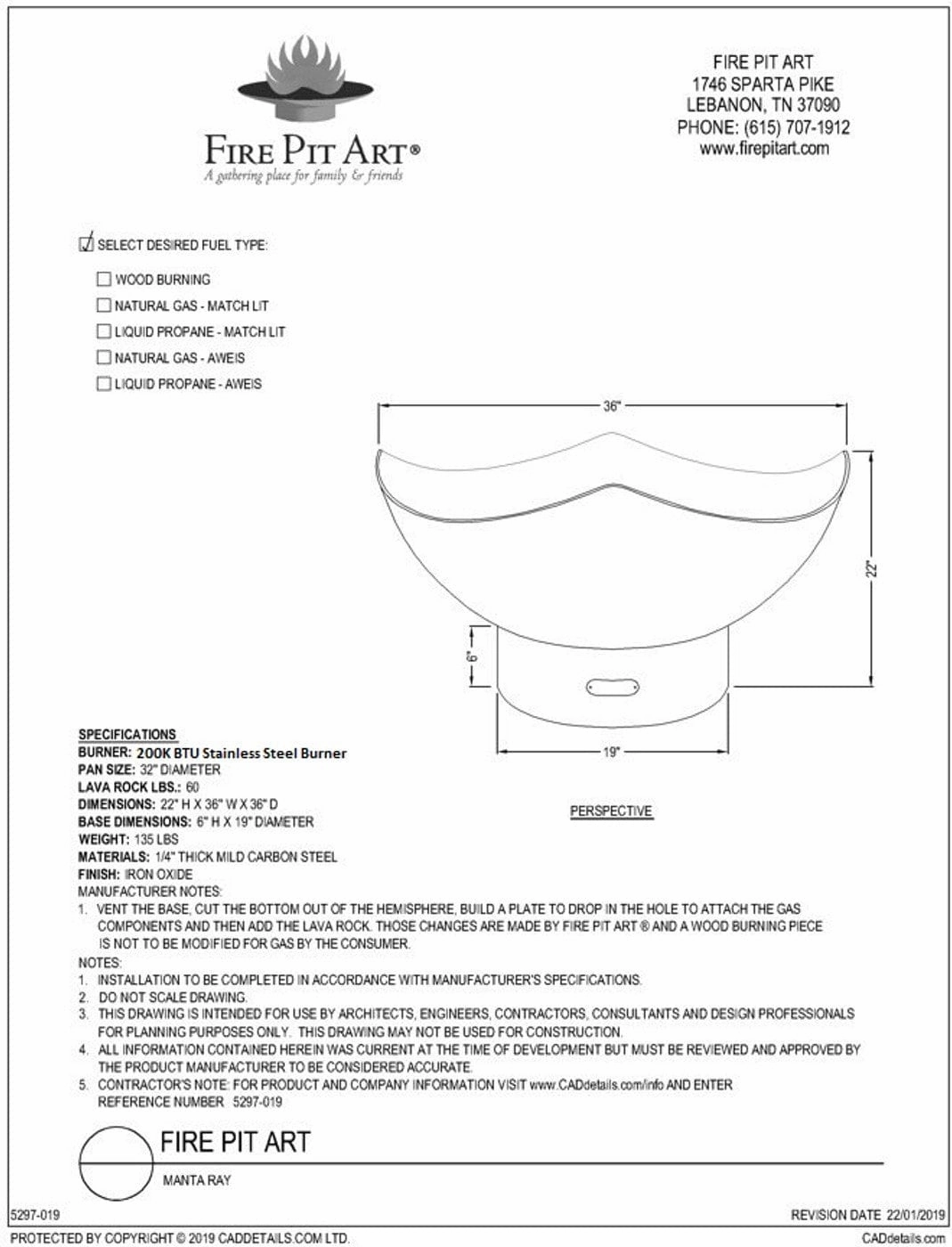 Fire Pit Art Manta Ray 36-inch Gas Fire Pit - MR