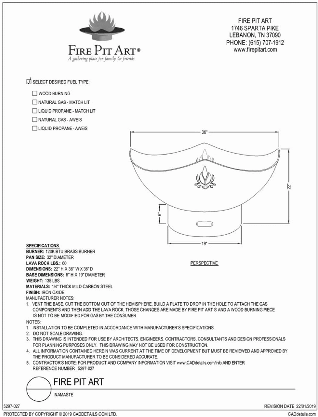 Fire Pit Art Namaste 36-inch Wood Burning Fire Pit - NAM