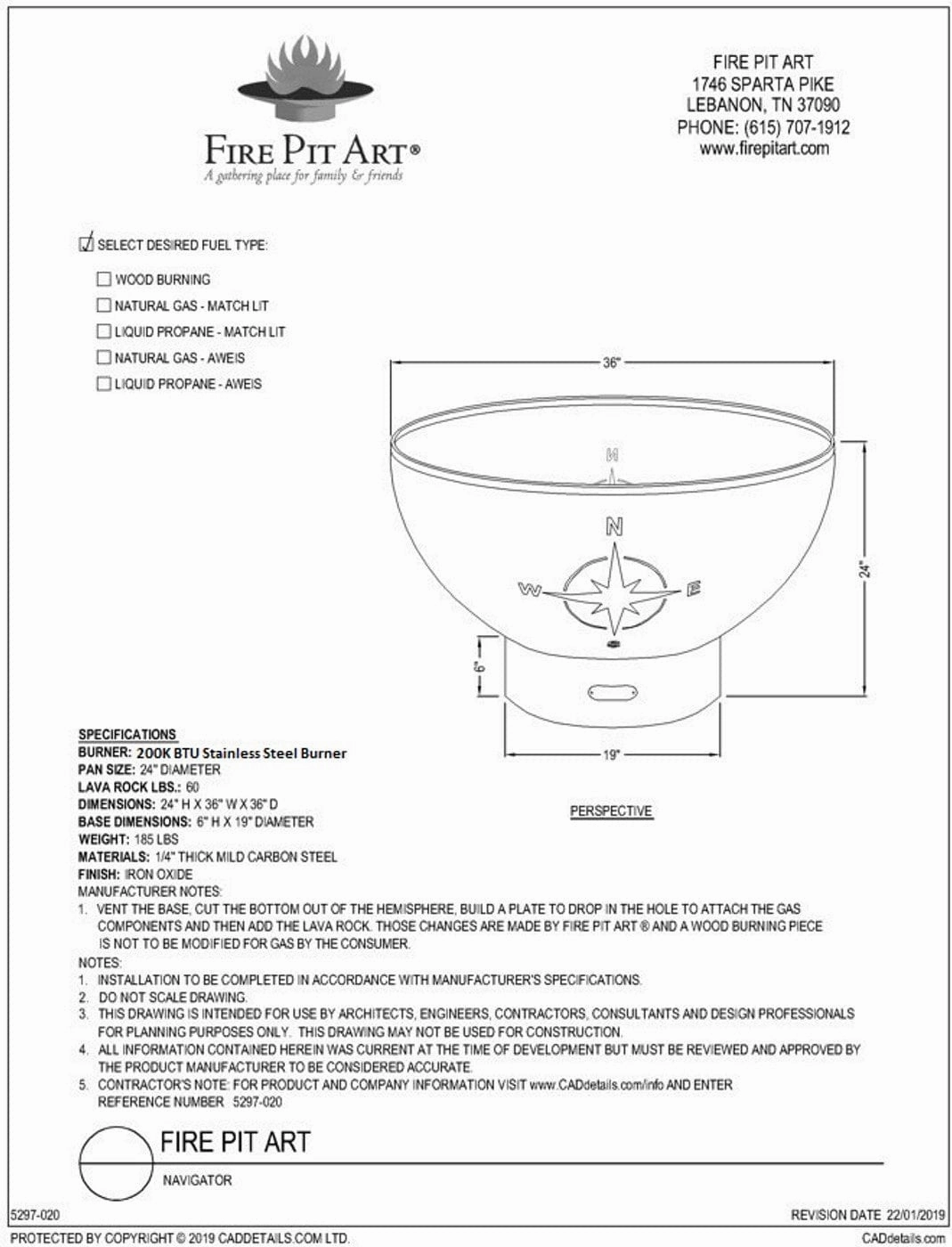 Fire Pit Art Navigator 36-inch Gas Fire Pit - NAV