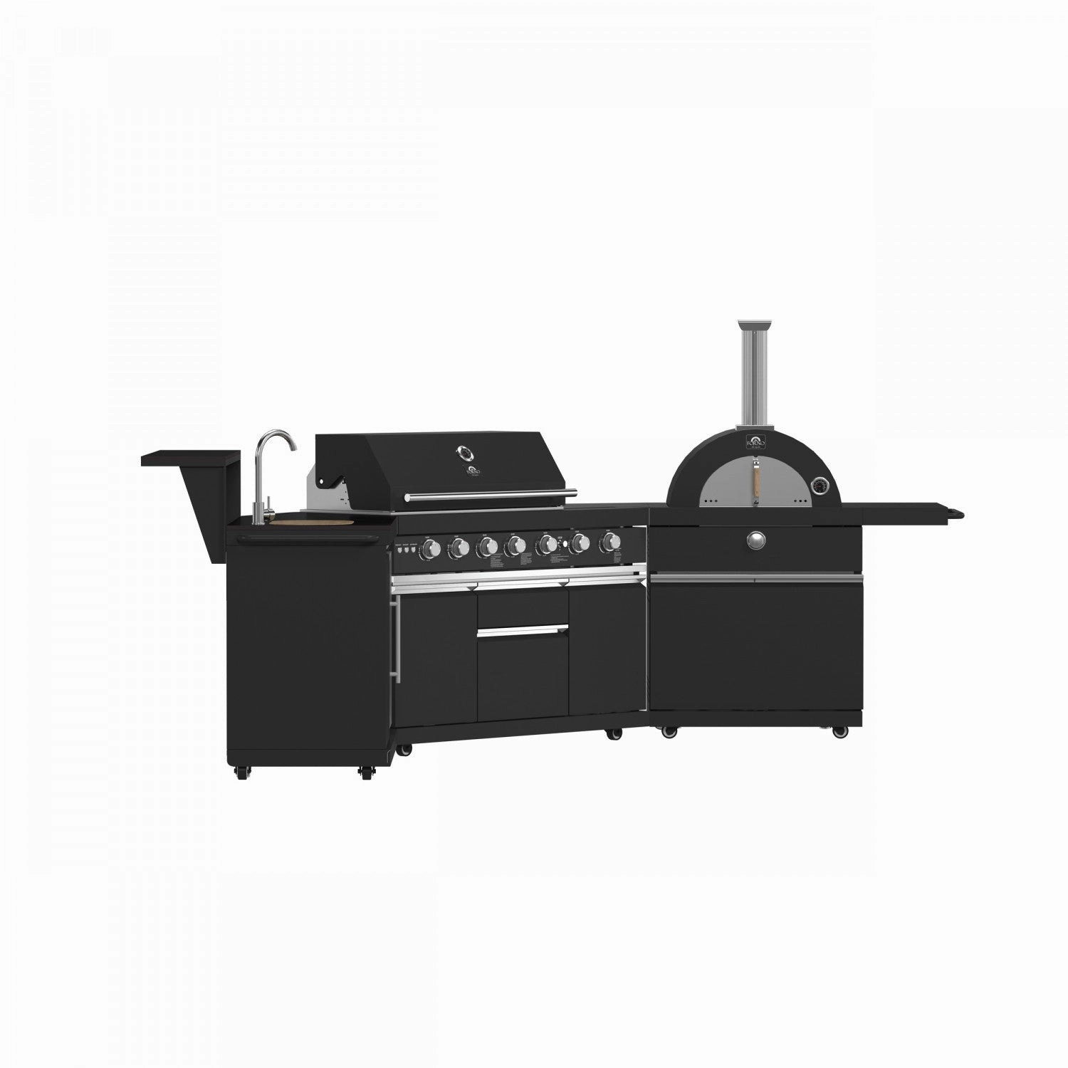 Forno All'Aperto Black Countertop Outdoor Kitchen with 74,600 BTU BBQ, Pizza Oven and Bar Module - FODKT2551BLK