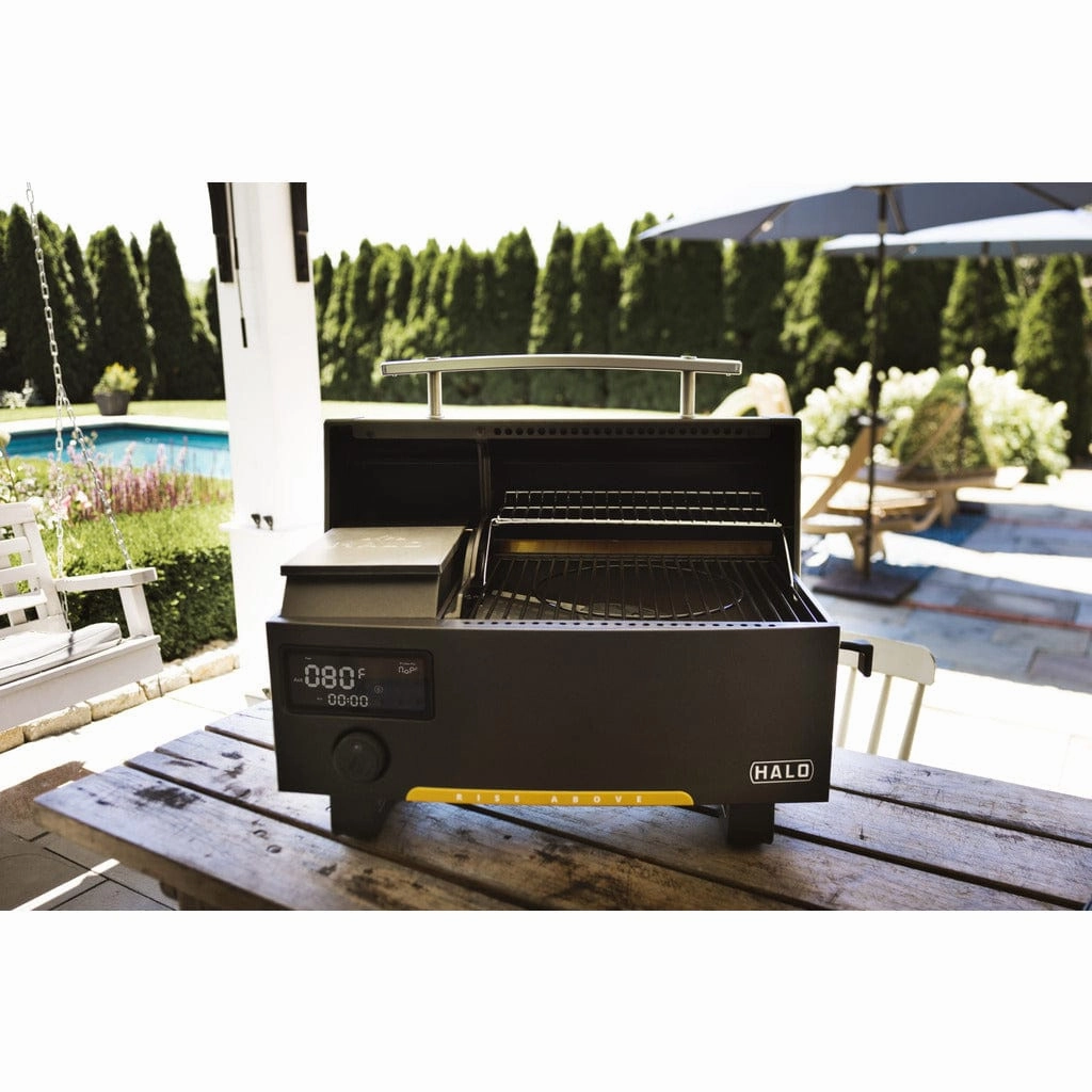 Halo Prime 300 Portable Outdoor Countertop Pellet Grill HS-1005-ANA stainless steel BBQ grill with side table