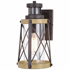 Harwood One Light Outdoor Motion Sensor Wall Light Oxidized Iron and Burnished ElmOutdoor wall sconces with motion sensor