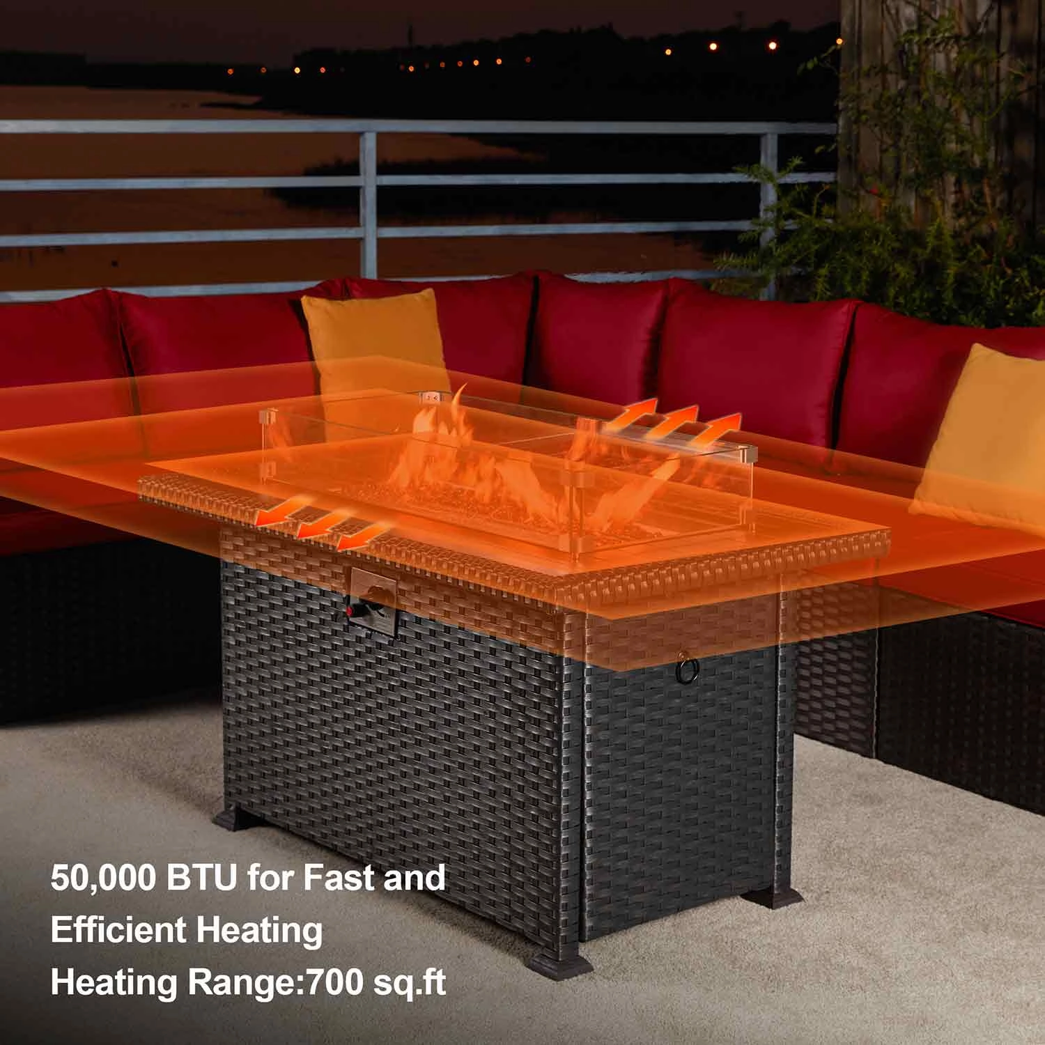 Homrest 44" Patio Propane Fire Pit Table, 50000 BTU Auto-Ignition with Wind Guard, Black