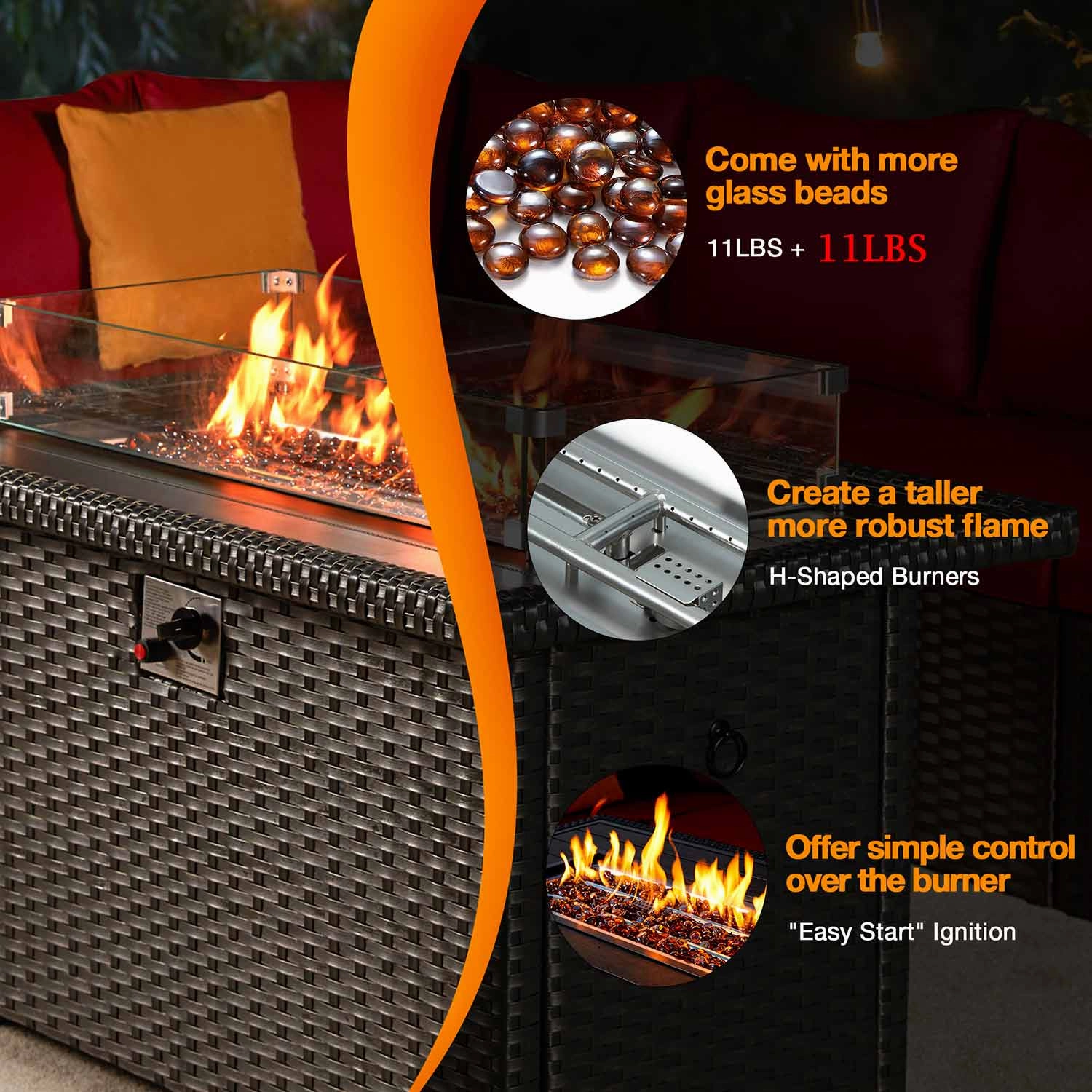 Homrest 44" Patio Propane Fire Pit Table, 50000 BTU Auto-Ignition with Wind Guard, Black
