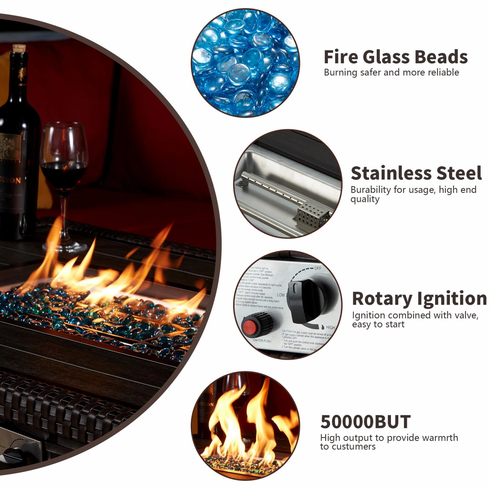 Homrest 44" Propane Gas Fire Pit Table 50000 BTU Auto-Ignition w/ Waterproof Cover, Brown