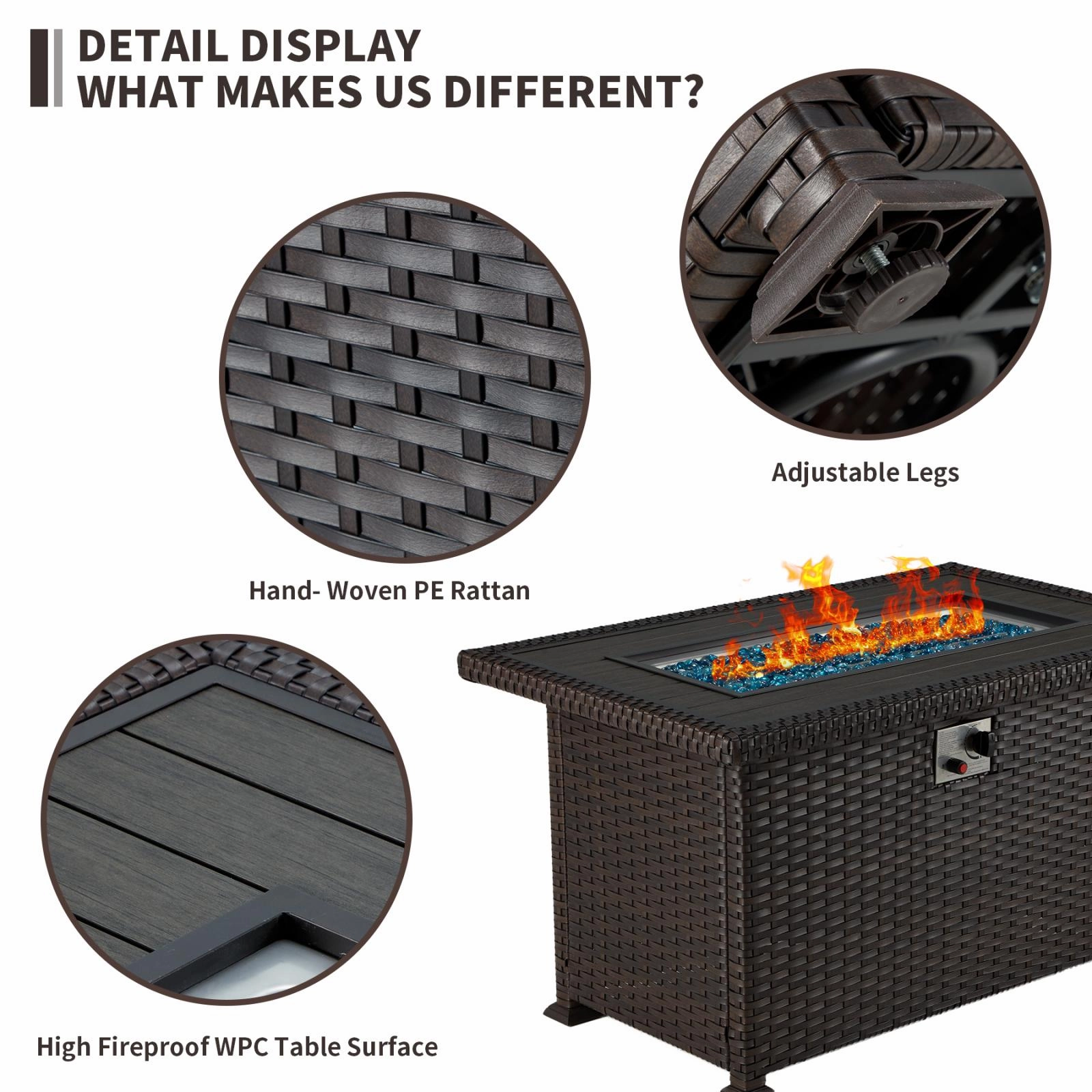Homrest 44" Propane Gas Fire Pit Table 50000 BTU Auto-Ignition w/ Waterproof Cover, Brown