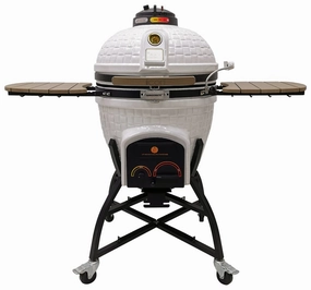 Icon Grills XR402 Deluxe White Kamado Charcoal Grill CGXR402WDELUXE stainless steel BBQ grill with side table