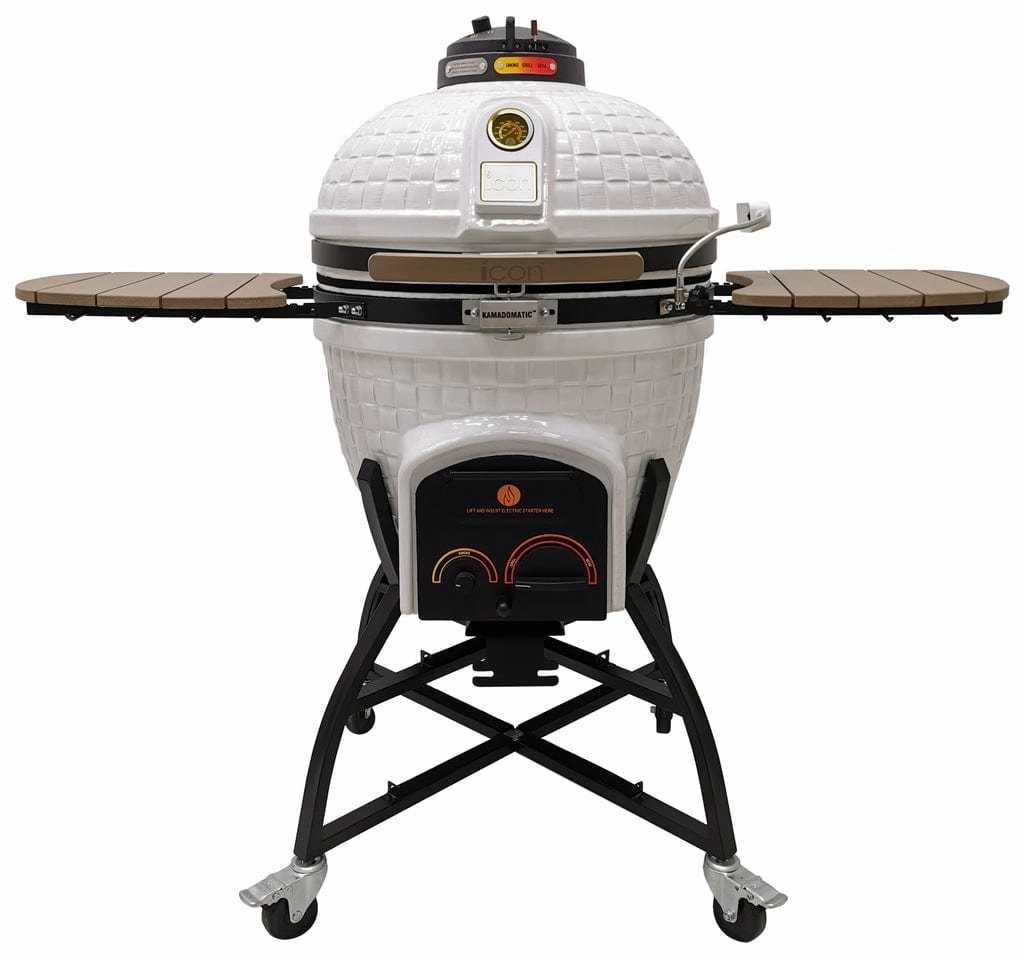 Icon Grills XR402 Deluxe White Kamado Charcoal Grill CGXR402WDELUXE stainless steel BBQ grill with side table