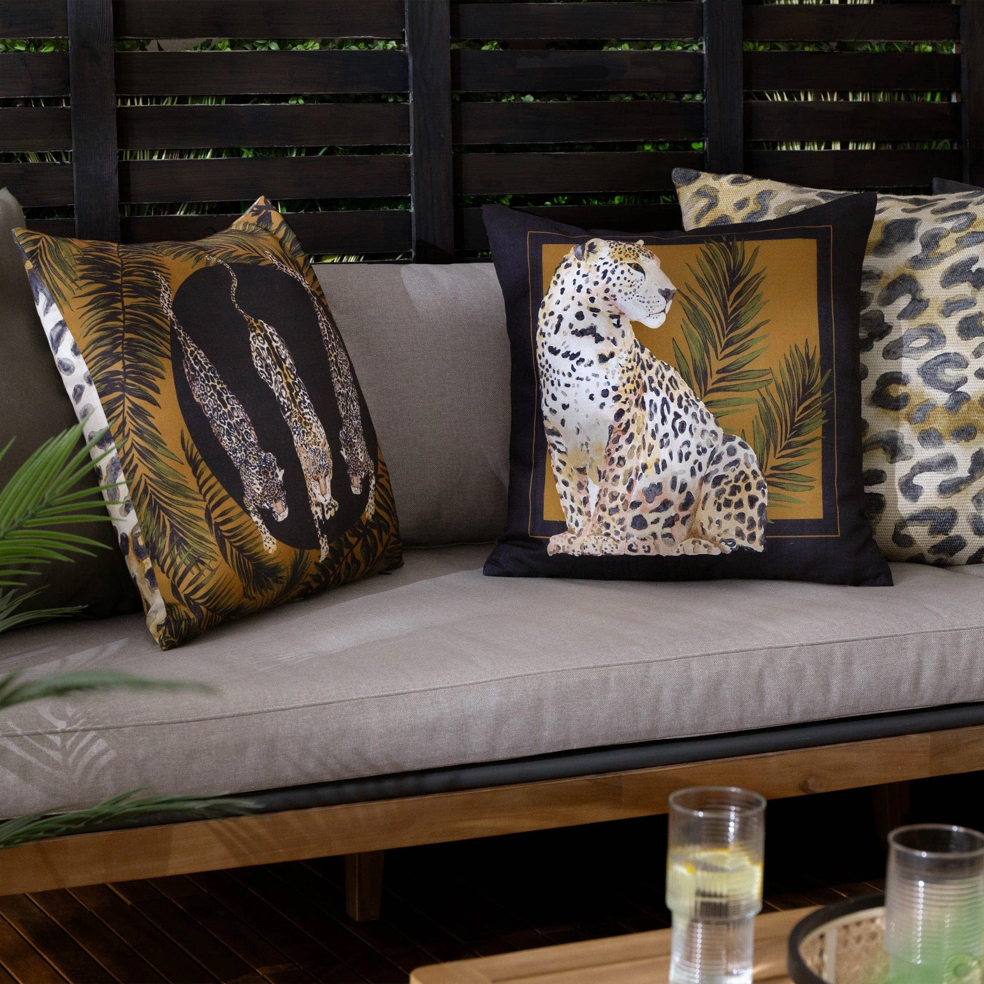 Leopardess - Black & Gold Printed Outdoor Cushion 50x50cm