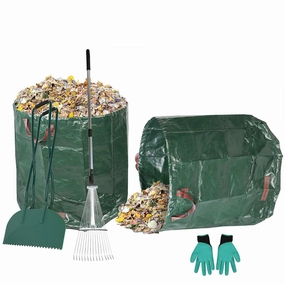 Metal Leaf Rake Set, Comes with Large Leaf Scoop, 2 Garden Bags, 1 Pair of Work Gloves, Leaf Clean-Up Tool ergonomic garden hand tools for seniors