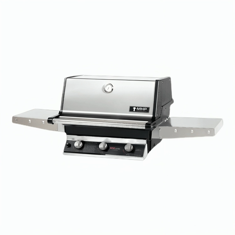 MHP Modern Home Products Stainless Steel Tri-Burn Gas Grill Head With 2 Shelves T3G4DD stainless steel BBQ grill with side table